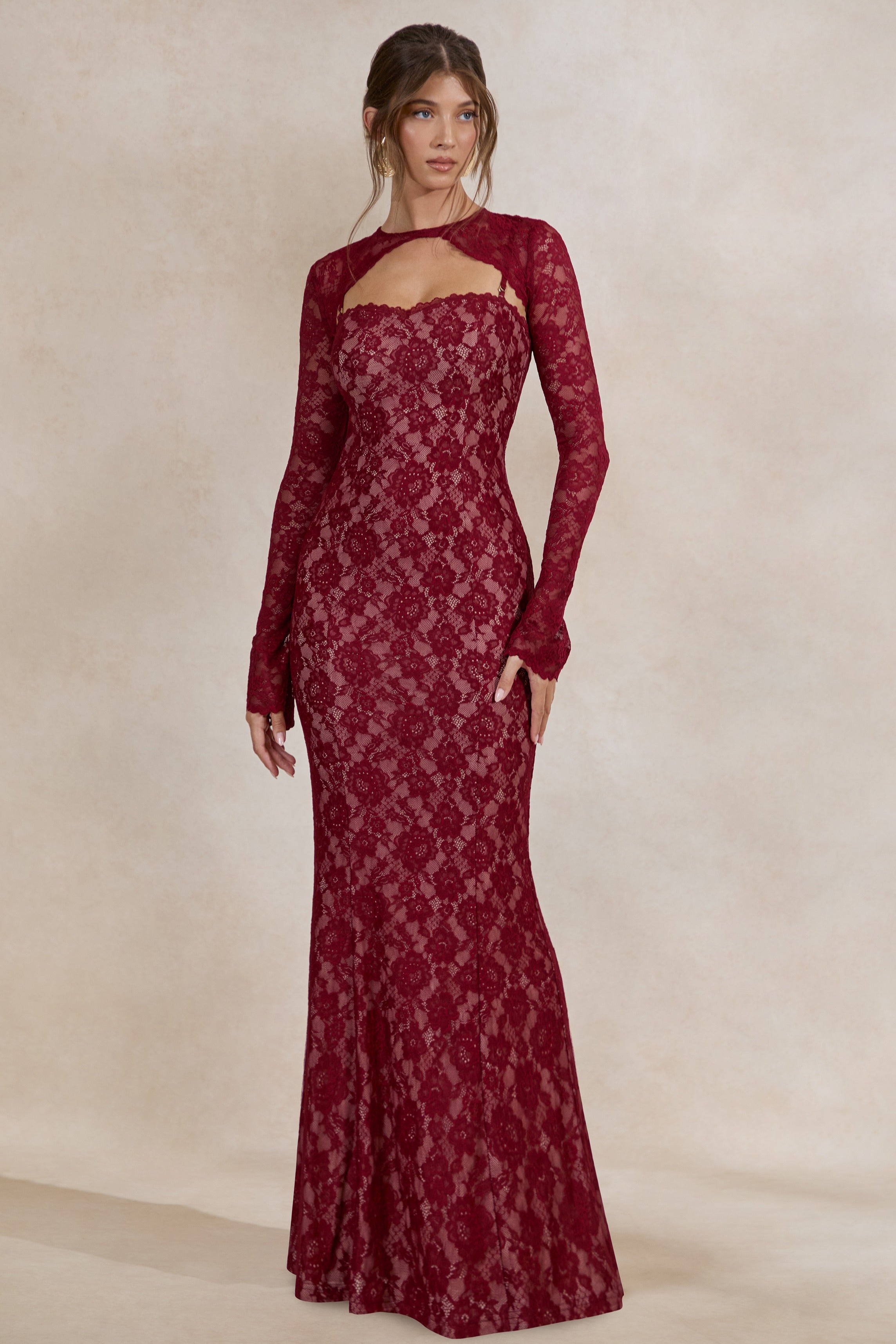 Mirellia | Dark Red Lace Sweetheart-Neck Maxi Dress