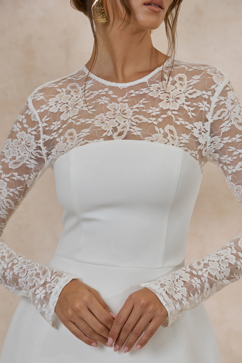 Aerin | White High-Neck Mini Dress With Long-Lace Sleeves
