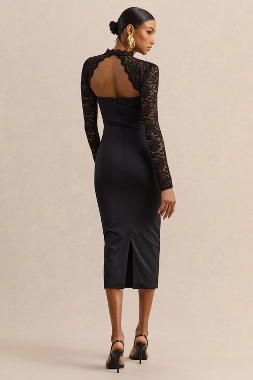 Arlune | Black High-Neck Midi Dress With Long Lace-Sleeves