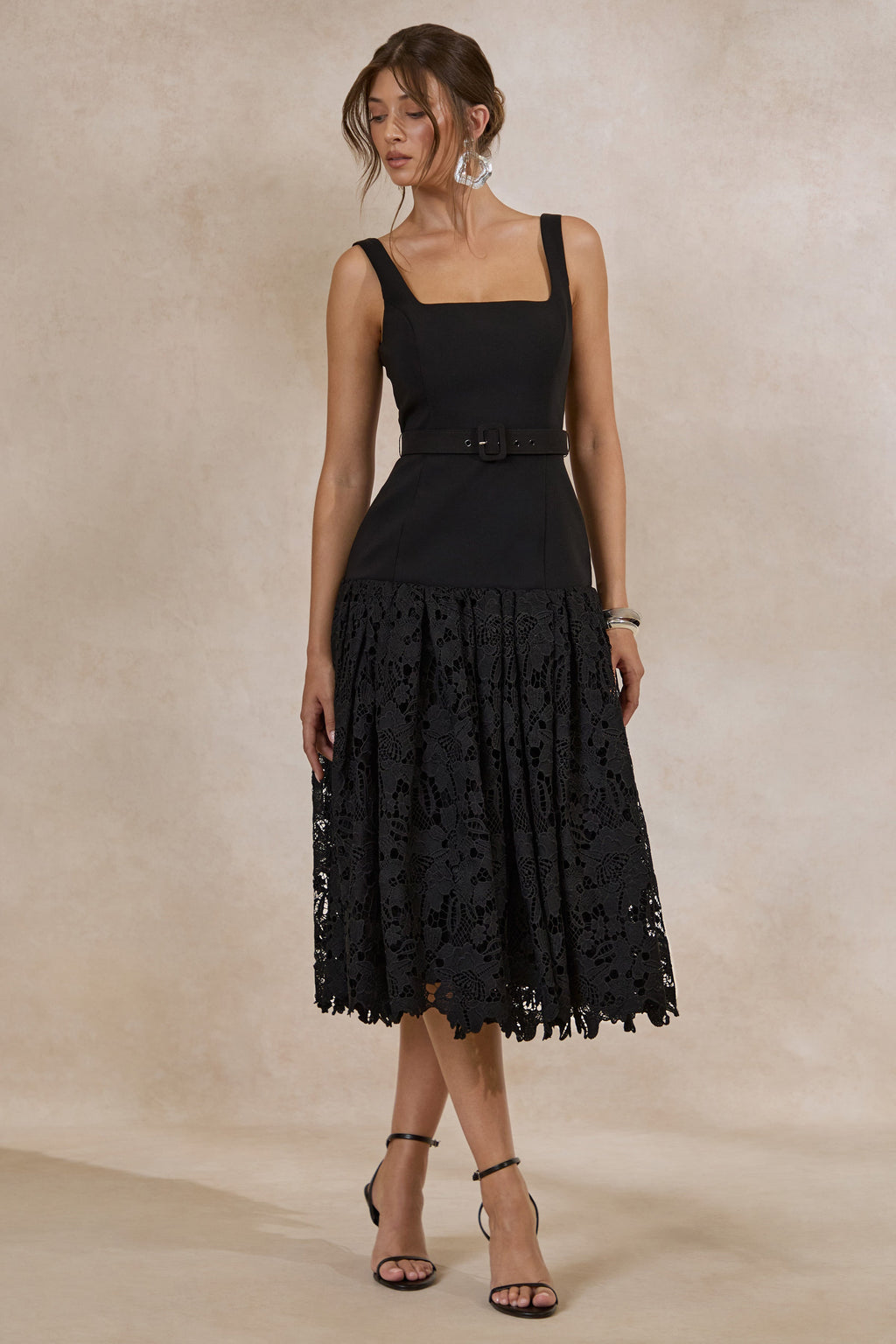 Norrie | Black Square-Neck Midi Dress With Voluminous Lace Skirt