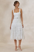 Norrie | White Lace Square-Neck Midi Dress With Voluminous Lace Skirt