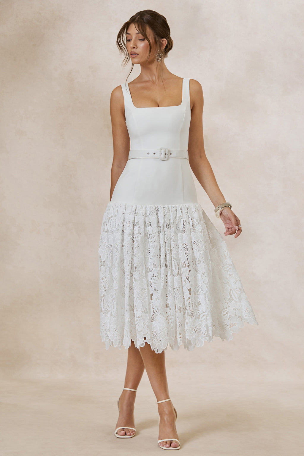 Norrie | White Lace Square-Neck Midi Dress With Voluminous Lace Skirt