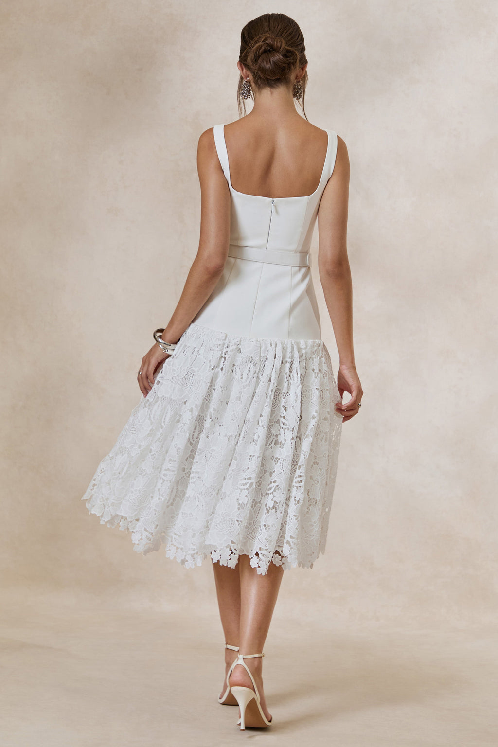Norrie | White Lace Square-Neck Midi Dress With Voluminous Lace Skirt