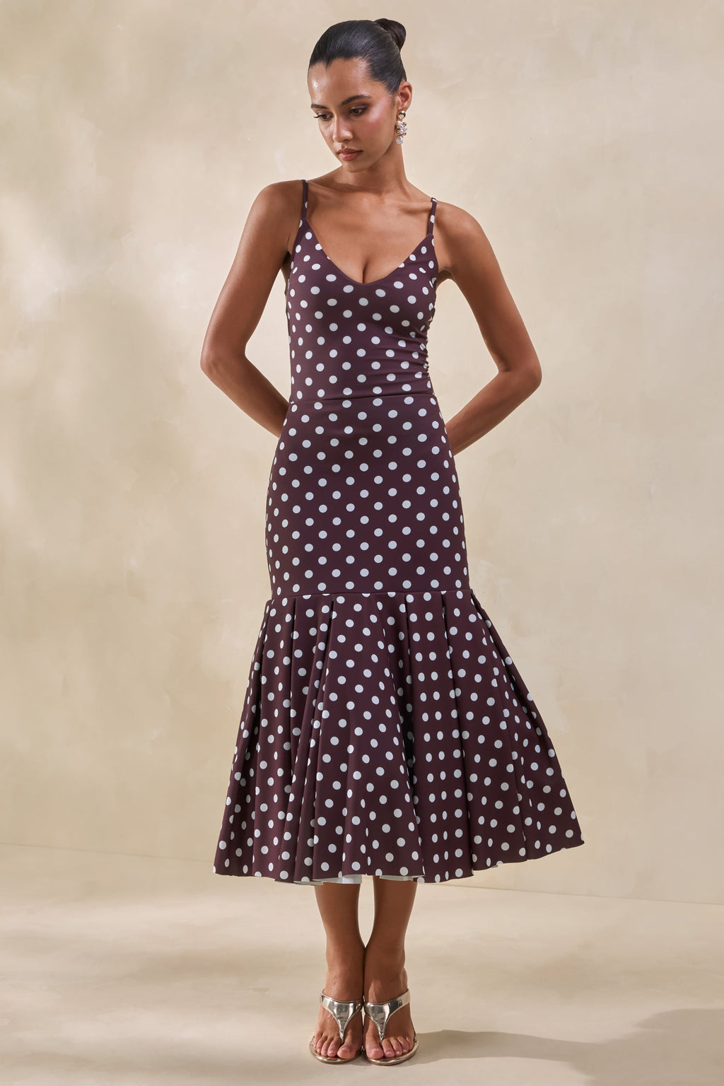 Rayna | Brown Polka-Dot V-Neck Thong Bodysuit