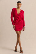 Ajana | Red Plunge-Neck Wrapped Mini Dress