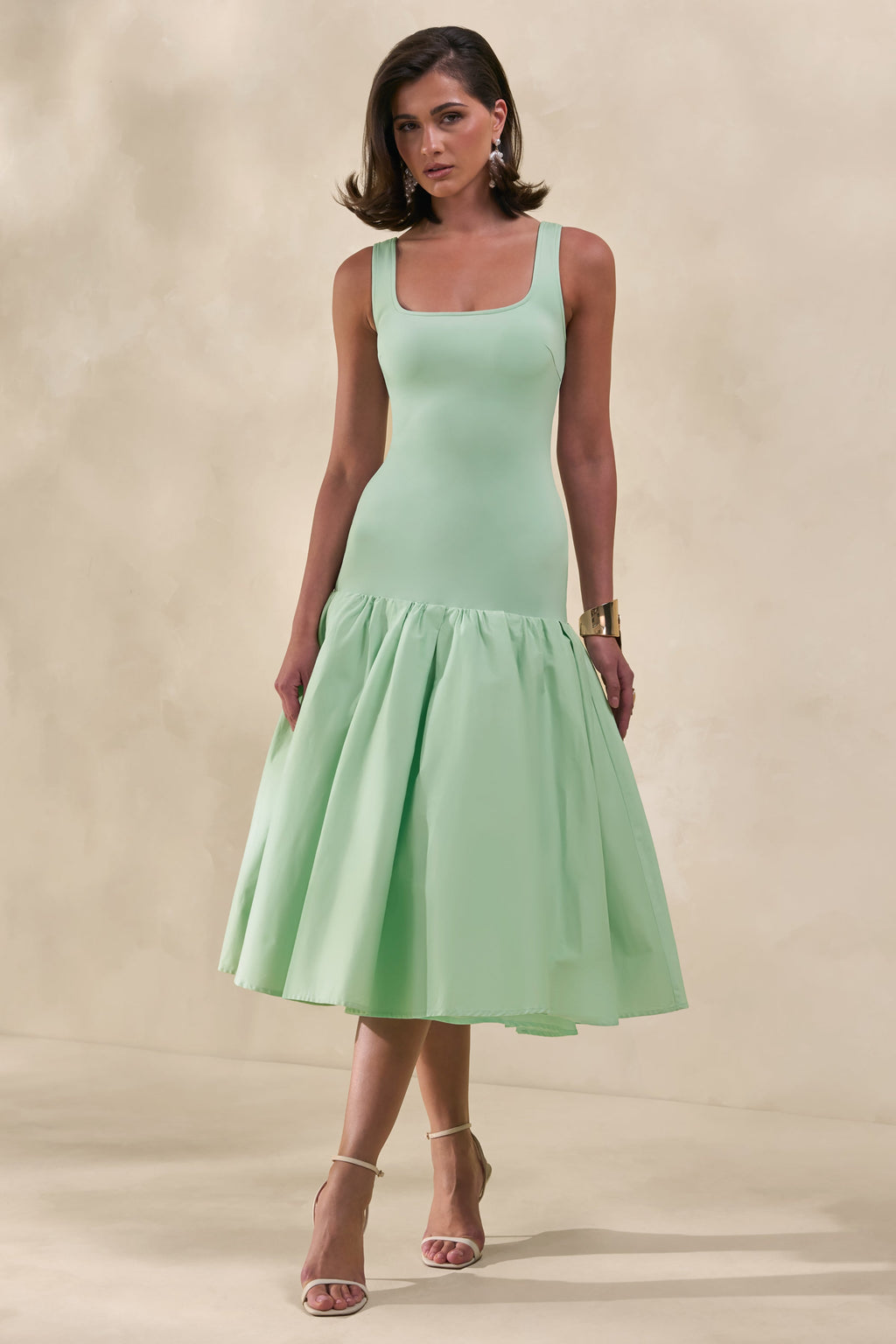 Nanette | Mint Square-Neck Midi Dress With Voluminous Skirt
