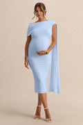 Braelyn | Powder Blue Asymmetric-Neck Maternity Midi Dress With Gathered Detailing And Sash