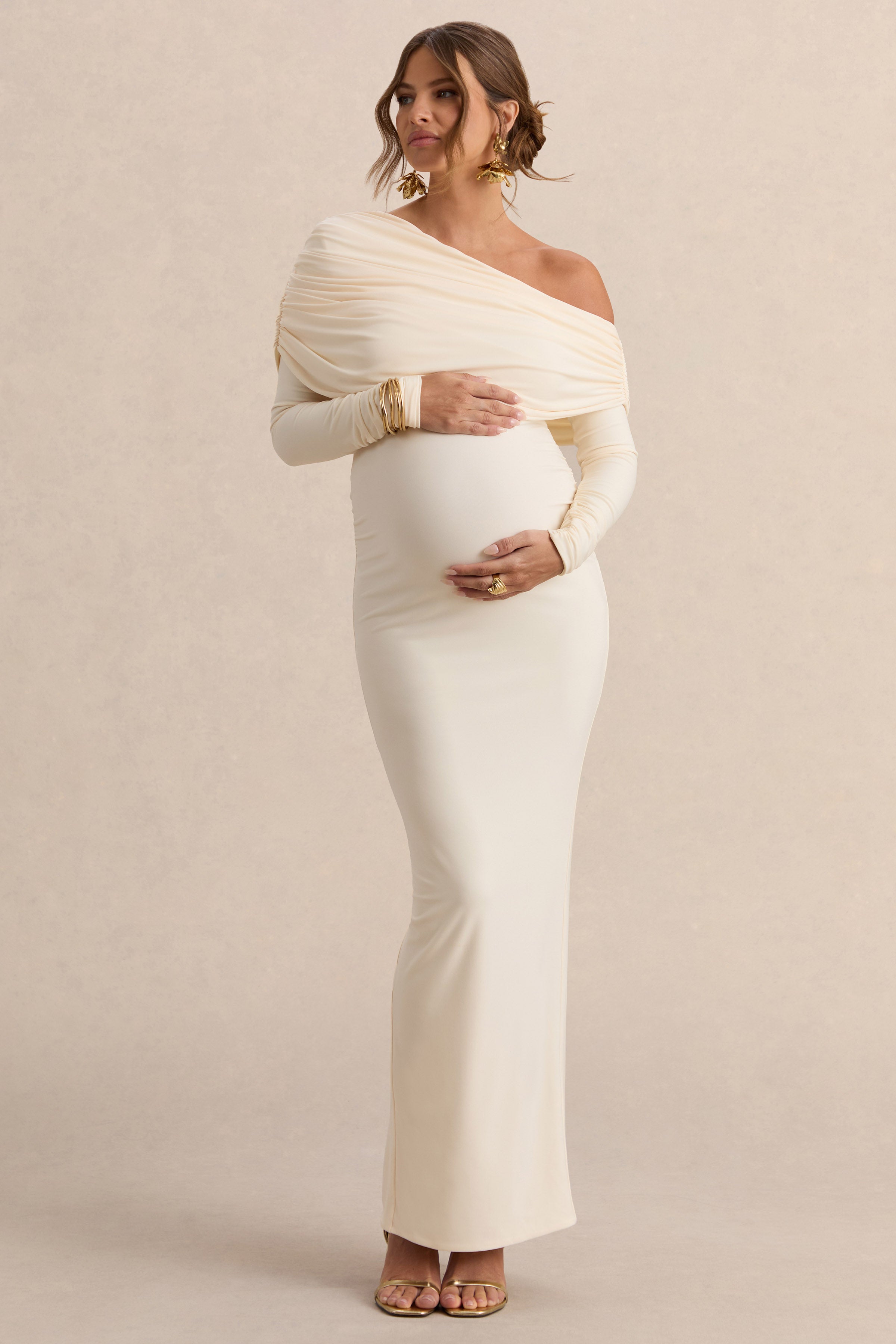 Carleigh | Cream Asymmetric-Neck Maternity Maxi Dress With Draped Detailing