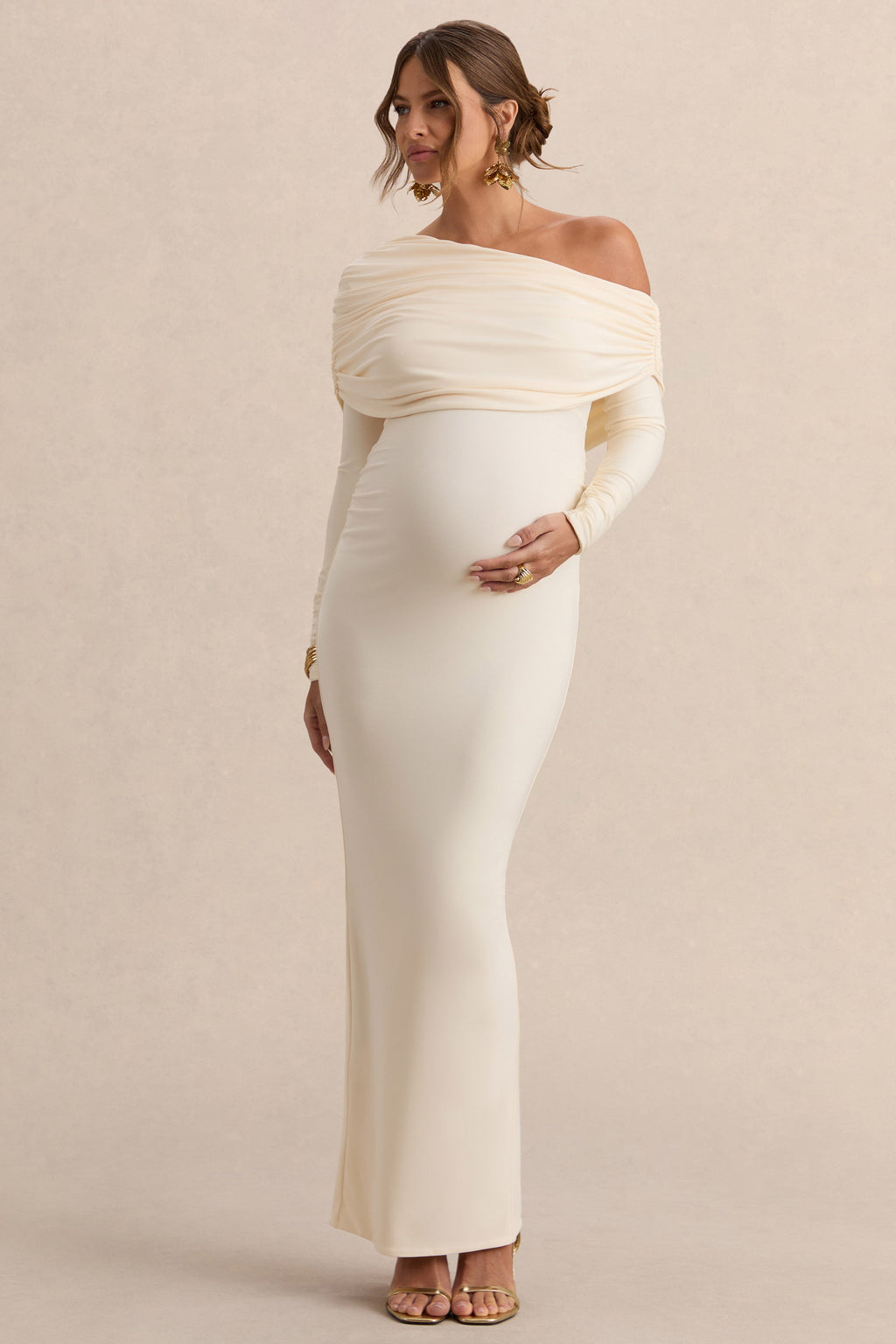 Carleigh | Cream Asymmetric-Neck Maternity Maxi Dress With Draped Detailing