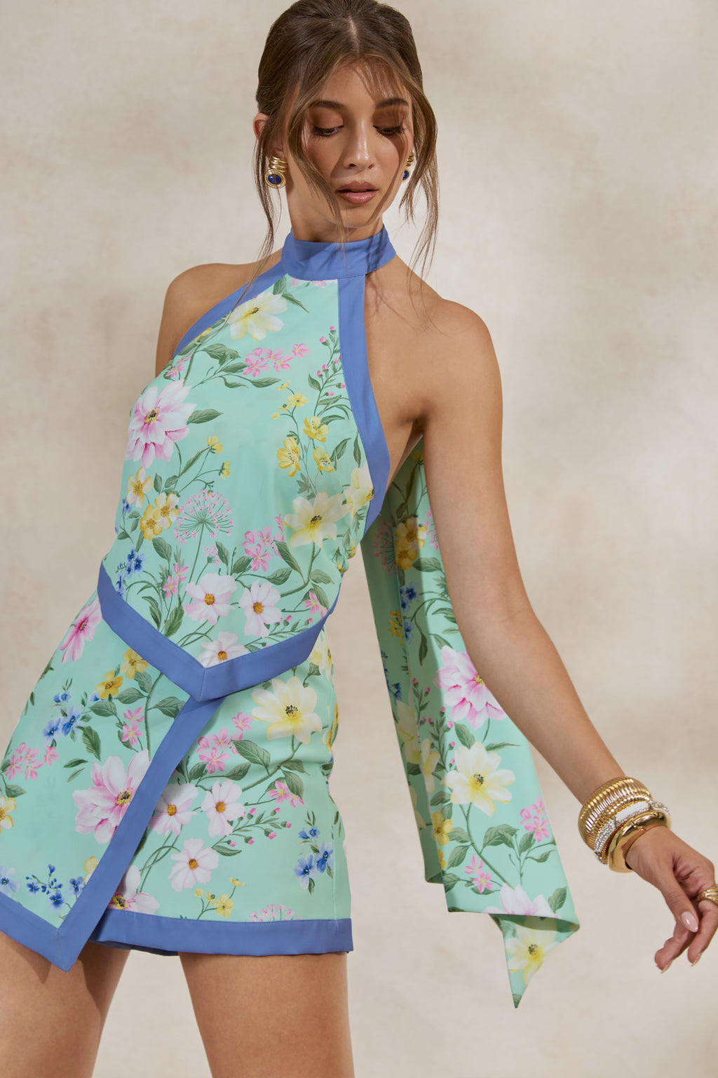 Maritza | Mint Floral Halter-Neck Asymmetric Romper