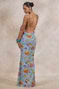Raisa | Blue Floral Mesh Cowl-Neck Maxi Dress