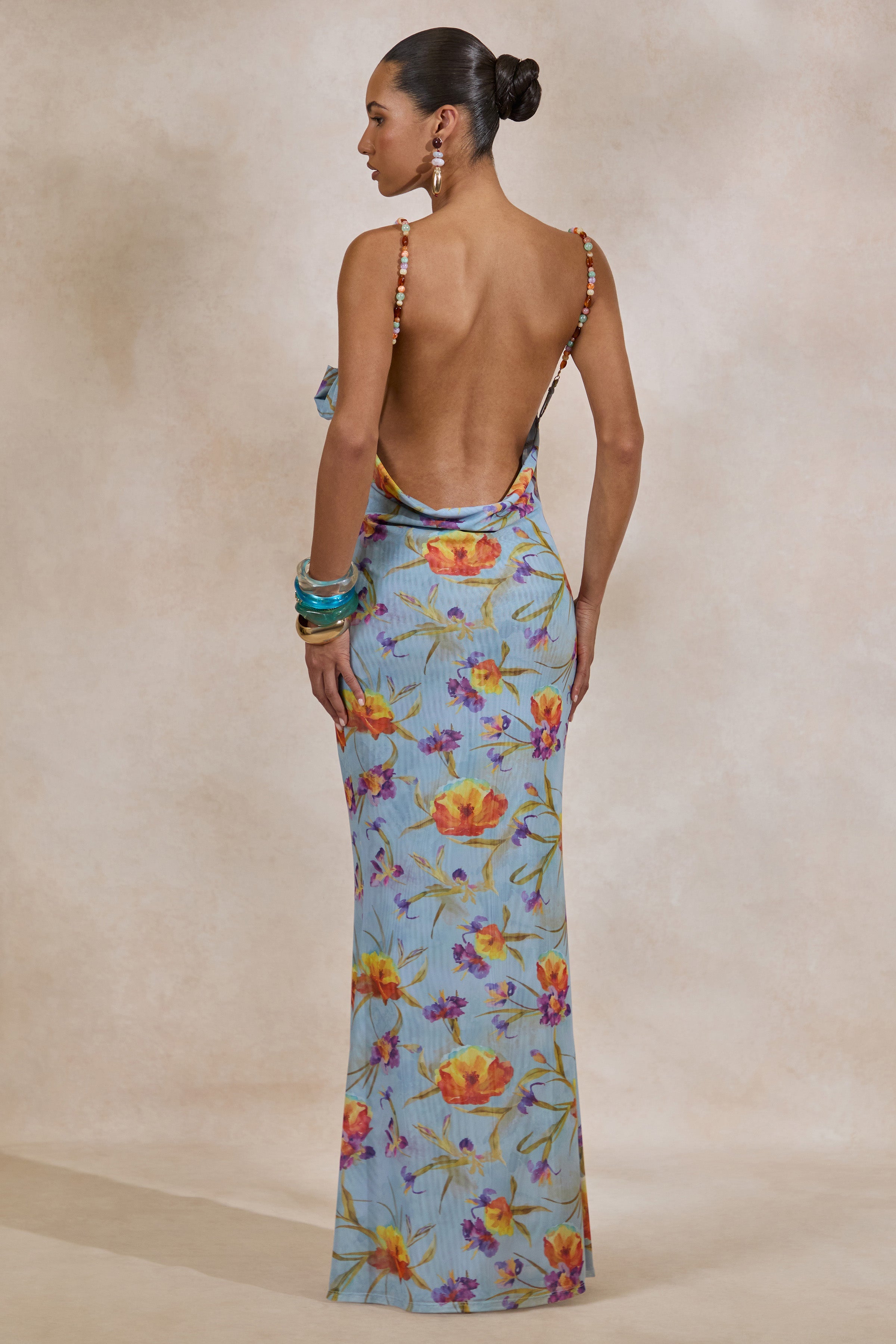 Raisa | Blue Floral Mesh Cowl-Neck Maxi Dress