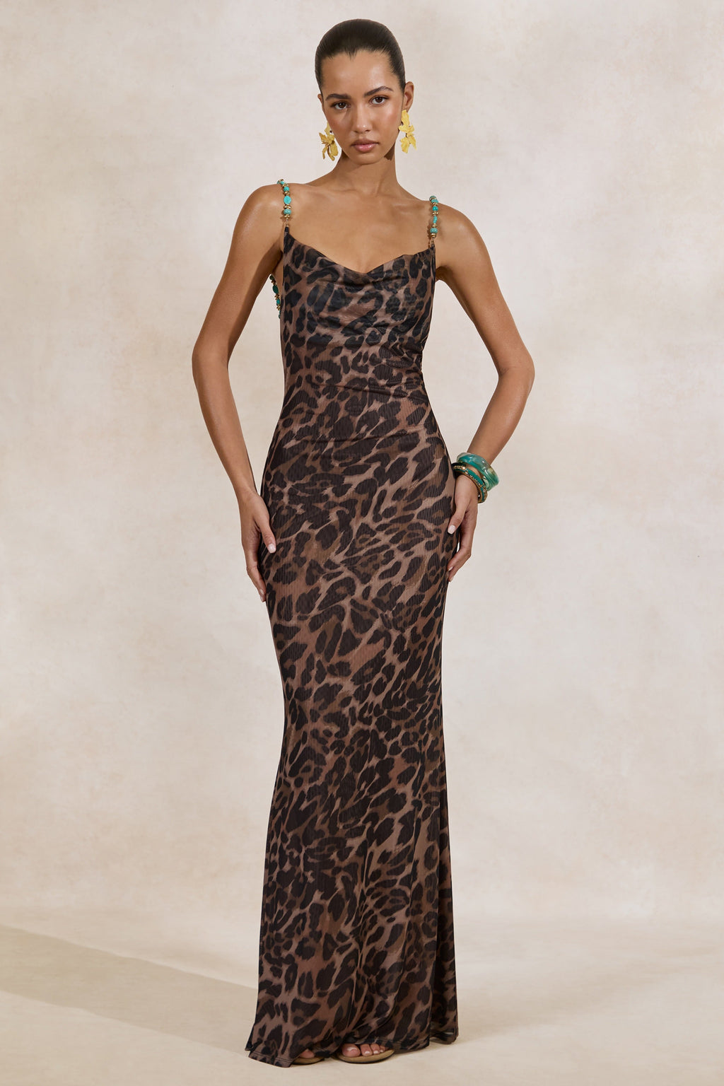 Silvana | Leopard Print Mesh Cowl-Neck Maxi Dress