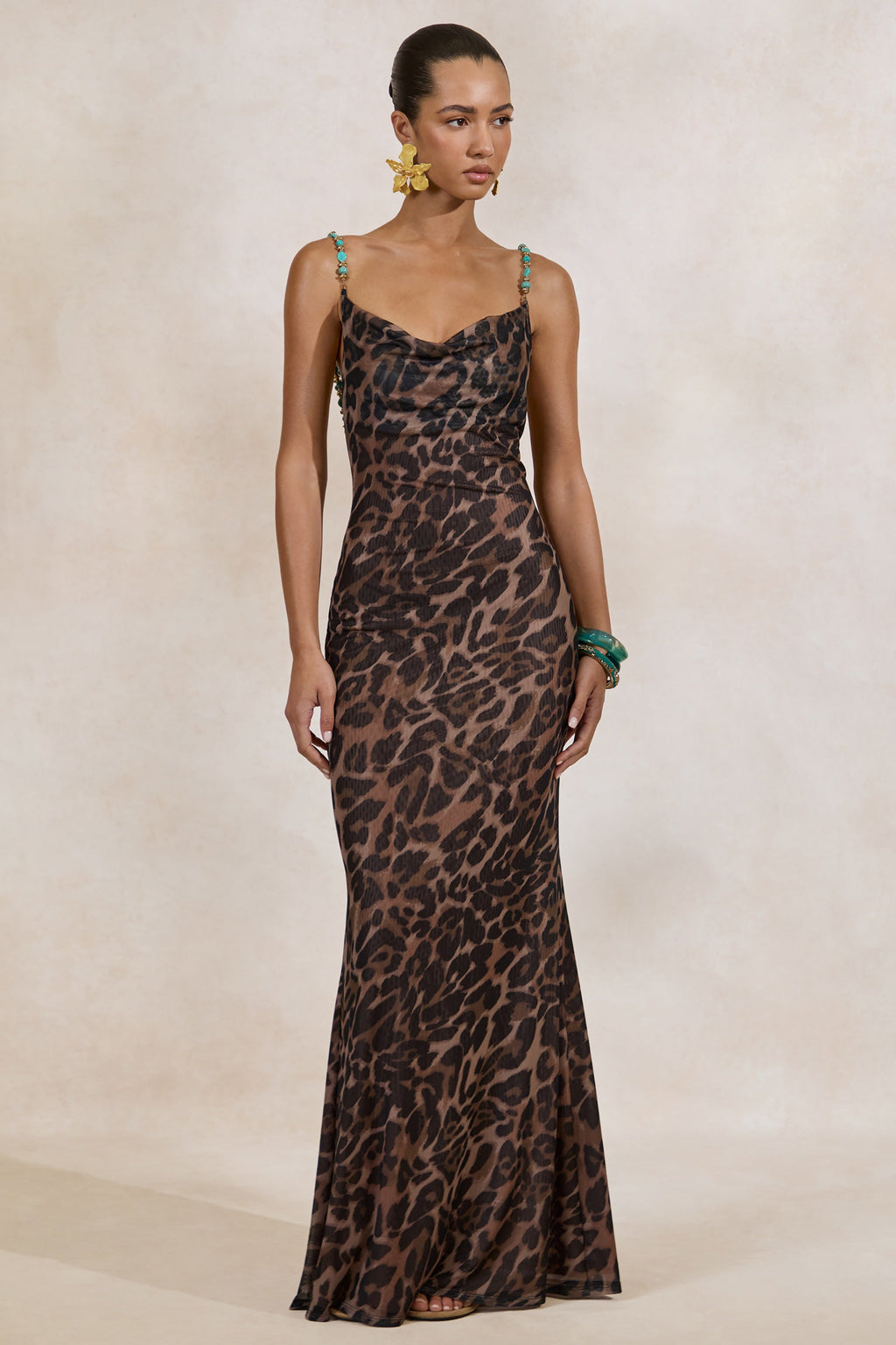 Silvana | Leopard Print Mesh Cowl-Neck Maxi Dress