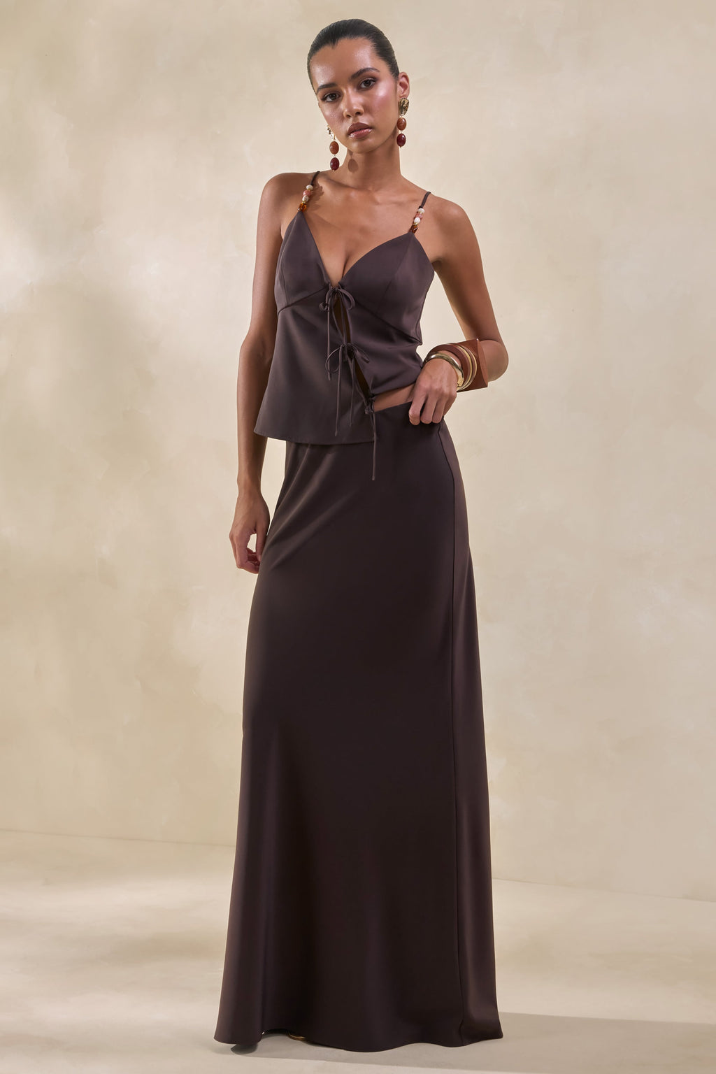 Sybella | Dark Brown Satin Maxi Skirt
