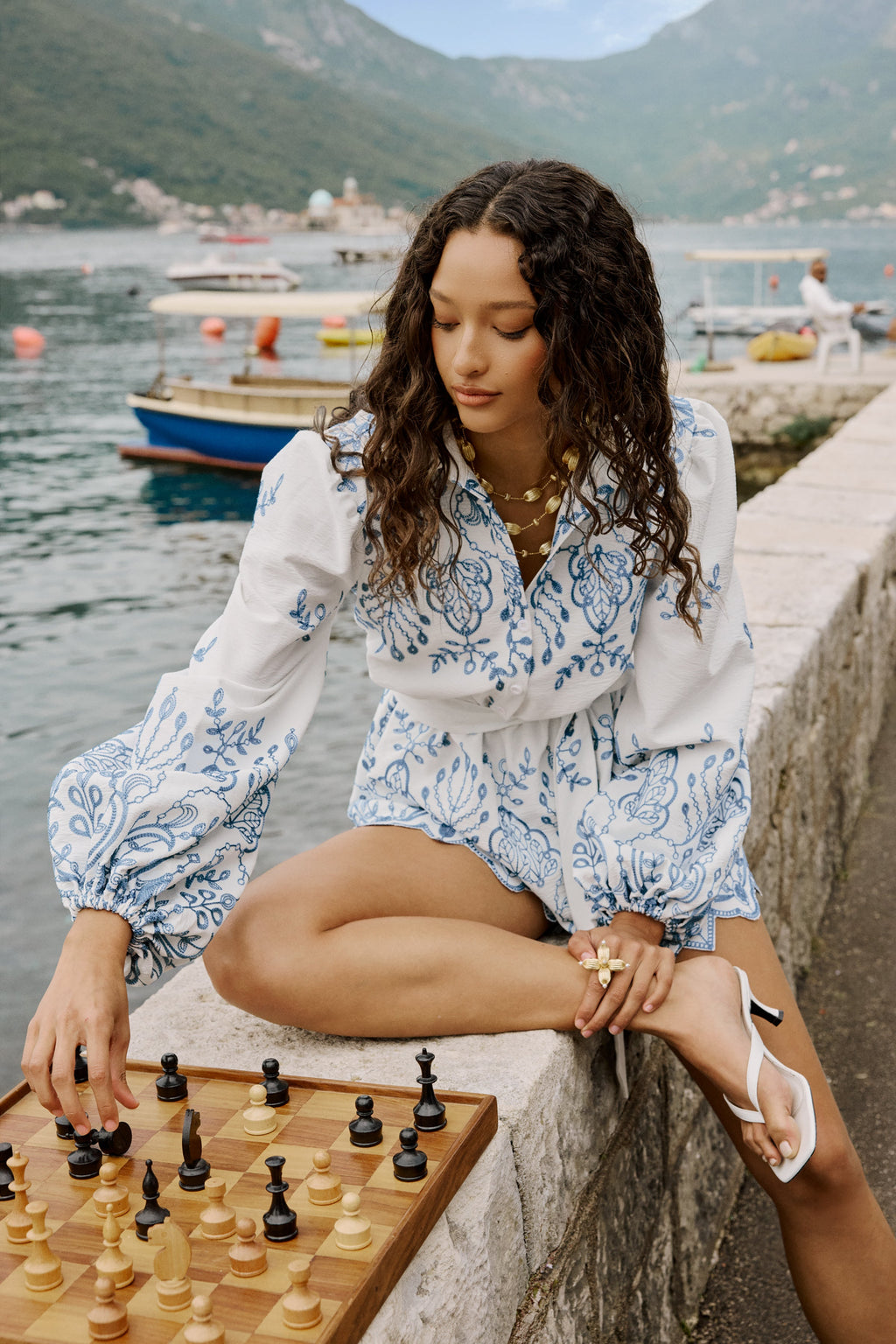 Adria | White And Blue Floral Broderie V-Neck Romper