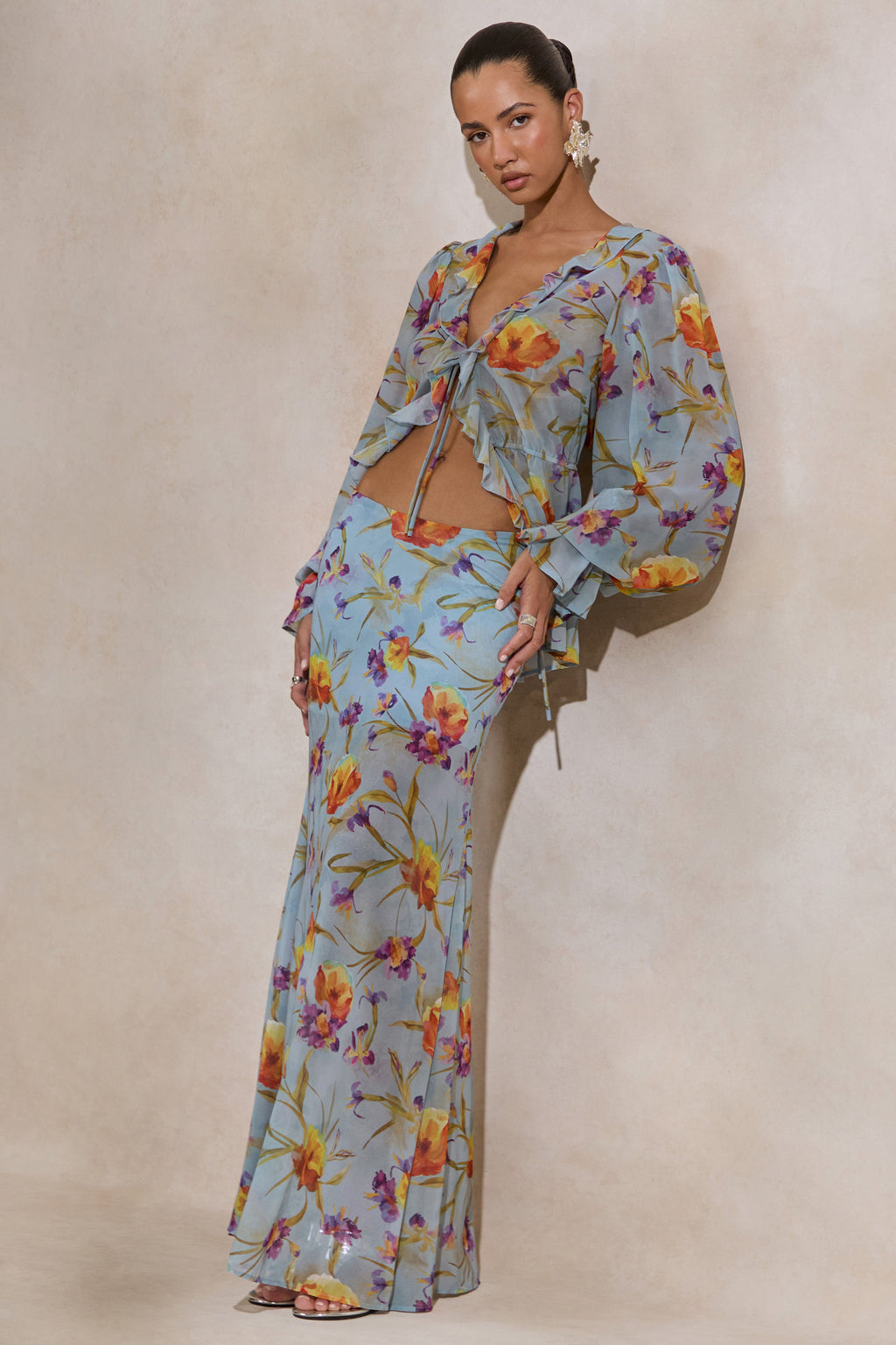Alveta | Blue Floral Chiffon Sheer Maxi Skirt