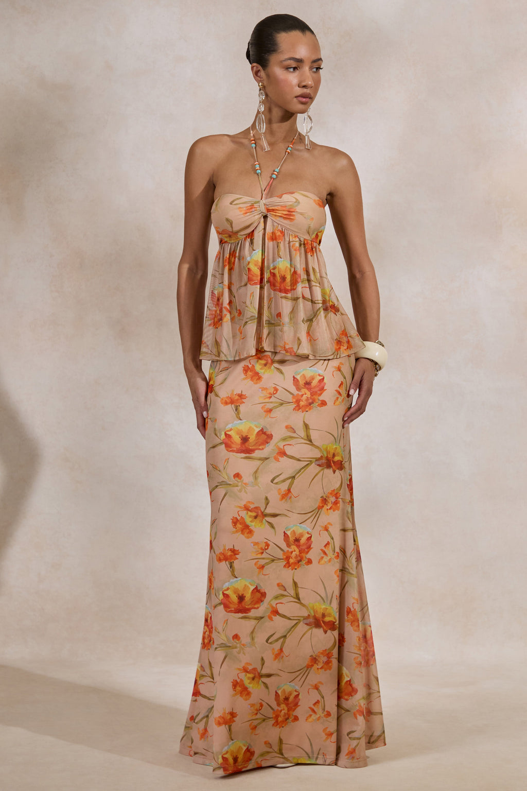 Flaviah | Orange Floral Print Mesh Maxi Skirt