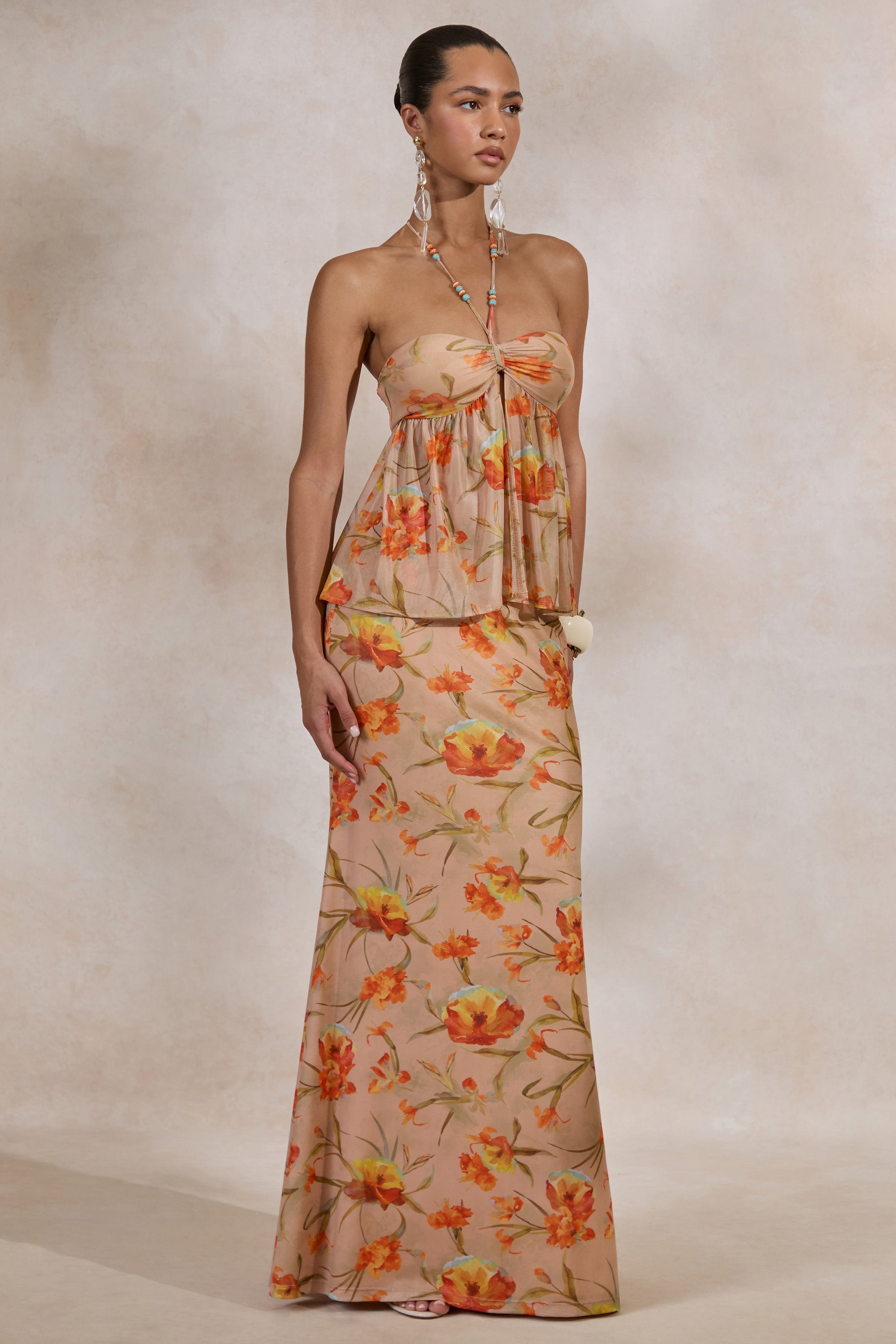 Flaviah | Orange Floral Print Mesh Maxi Skirt