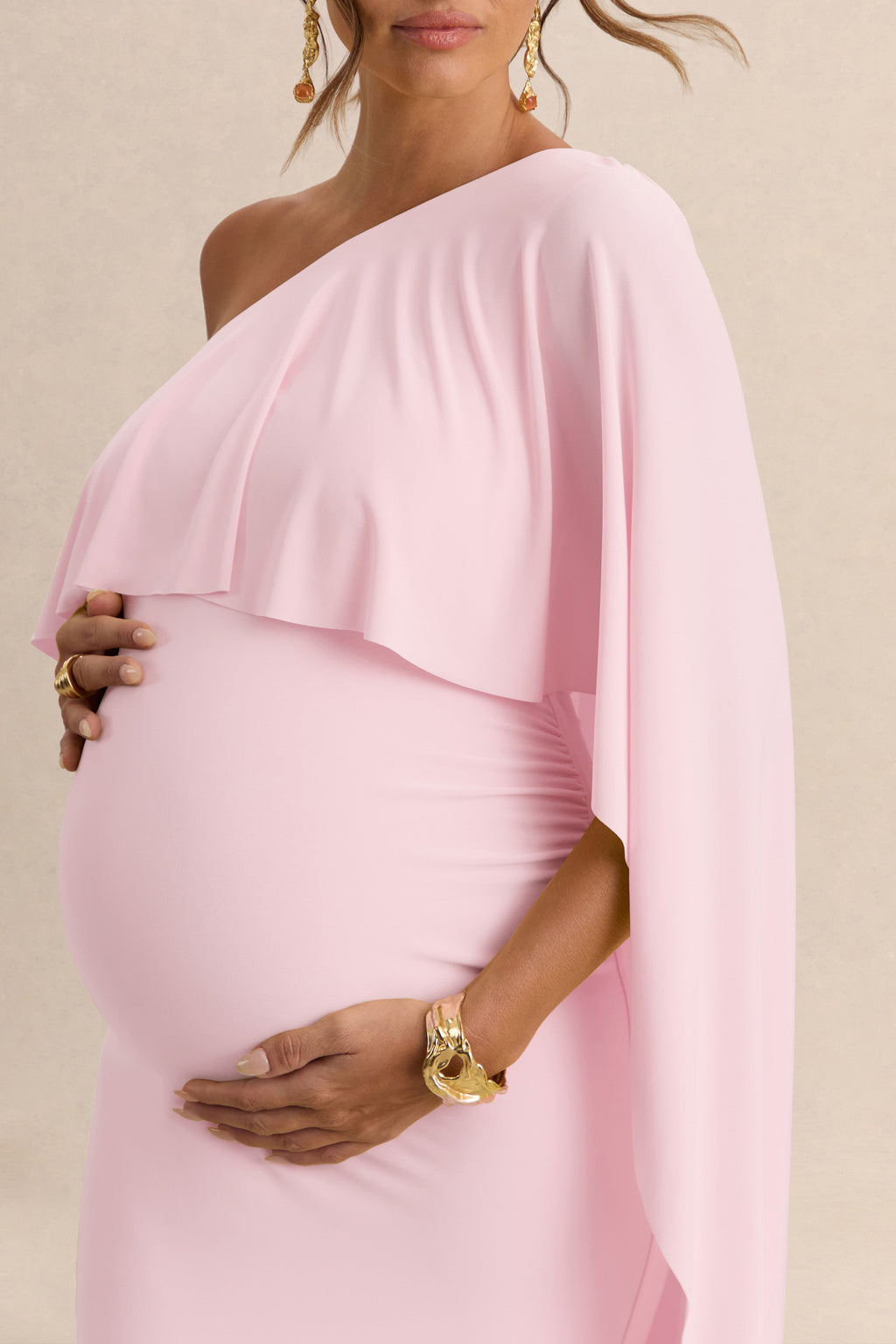 Cicely | Light Pink Asymmetric-Neck Maternity Maxi Dress With Cape Sleeve
