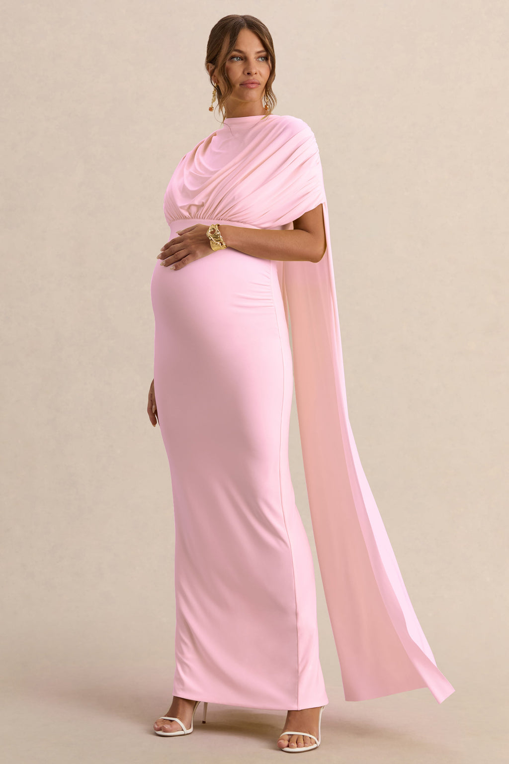 Araminta | Light Pink Bardot-Neck Maternity Maxi Dress With Cape Sleeves