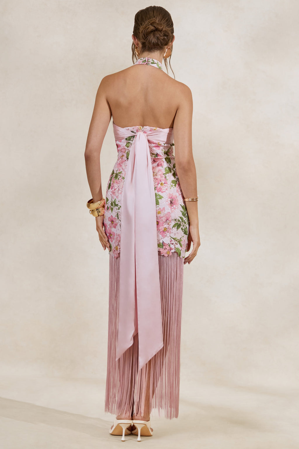 Lerisa | Pink Floral Print Lace Halter-Neck Fringed Maxi Dress