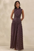 Kelis | Brown Polka-Dot High-Neck Maxi Dress With Draped Detailing