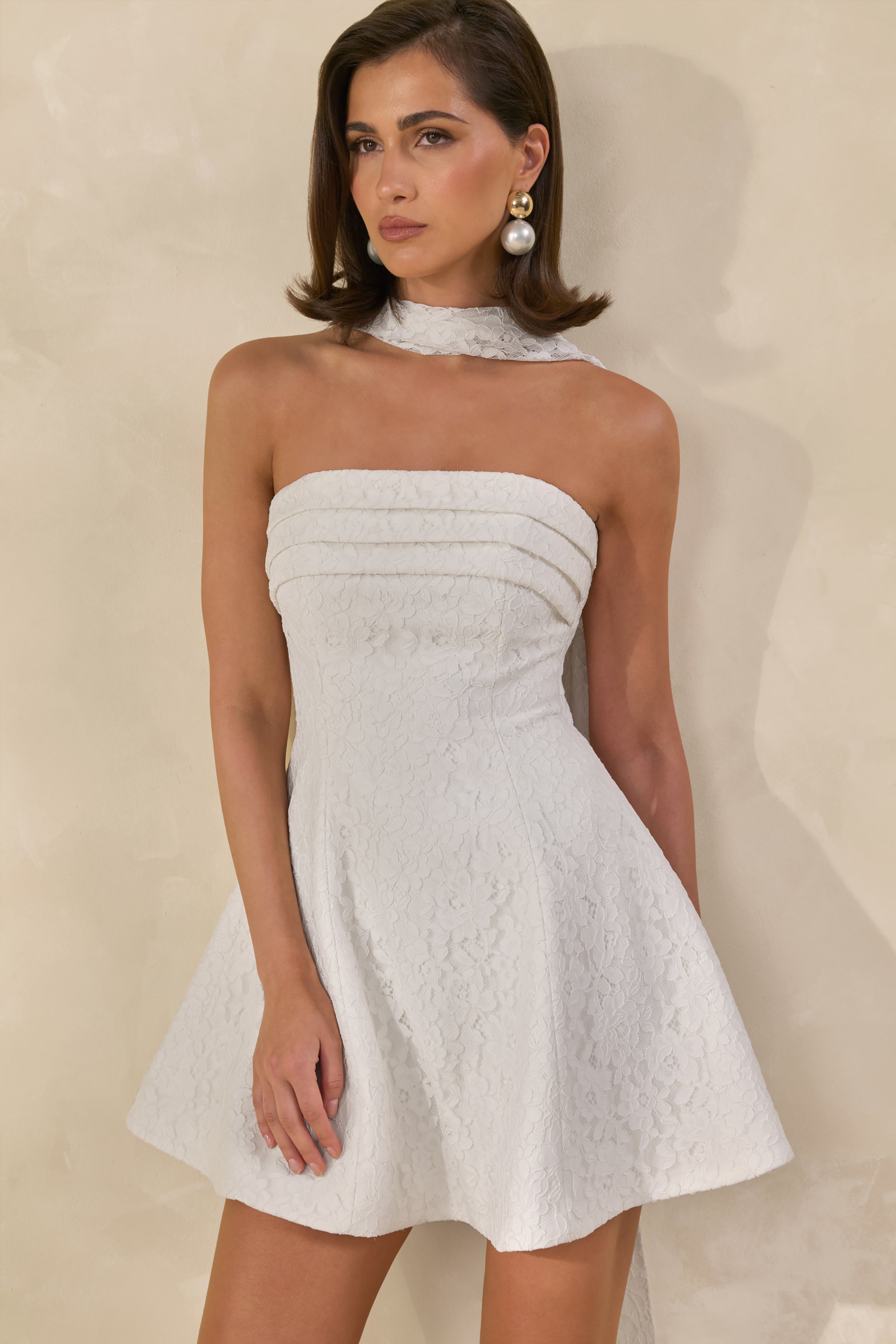 Elvara | White Lace Bandeau-Neck Mini Dress With Scarf Detail