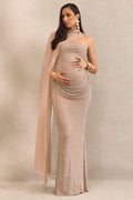 Ottoline | Champagne Hotfix Asymmetric-Neck Maternity Maxi Dress With Sheer Cape Detail