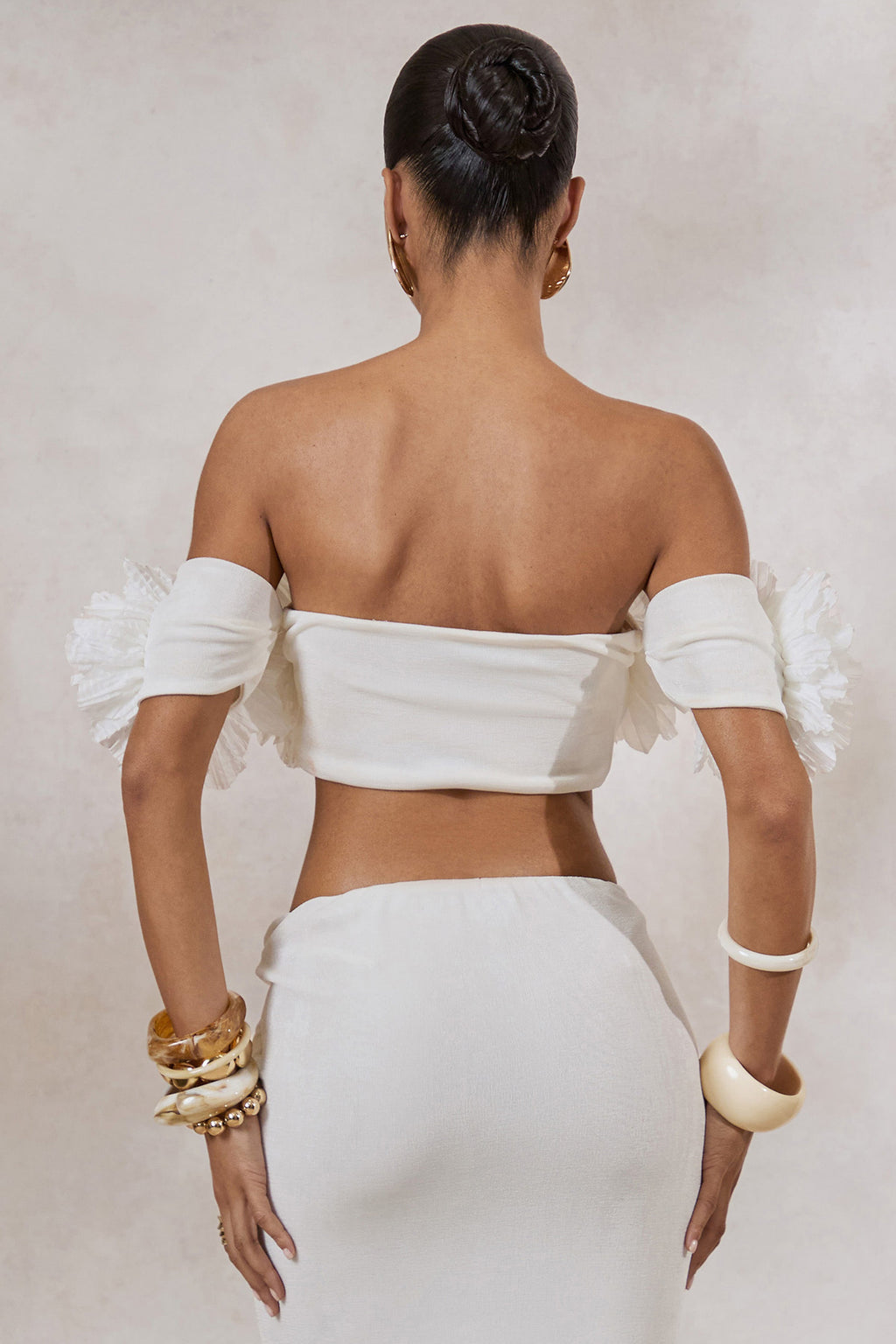 Arwenne | White Bardot-Neck Crop-Top With Corsage Detailing