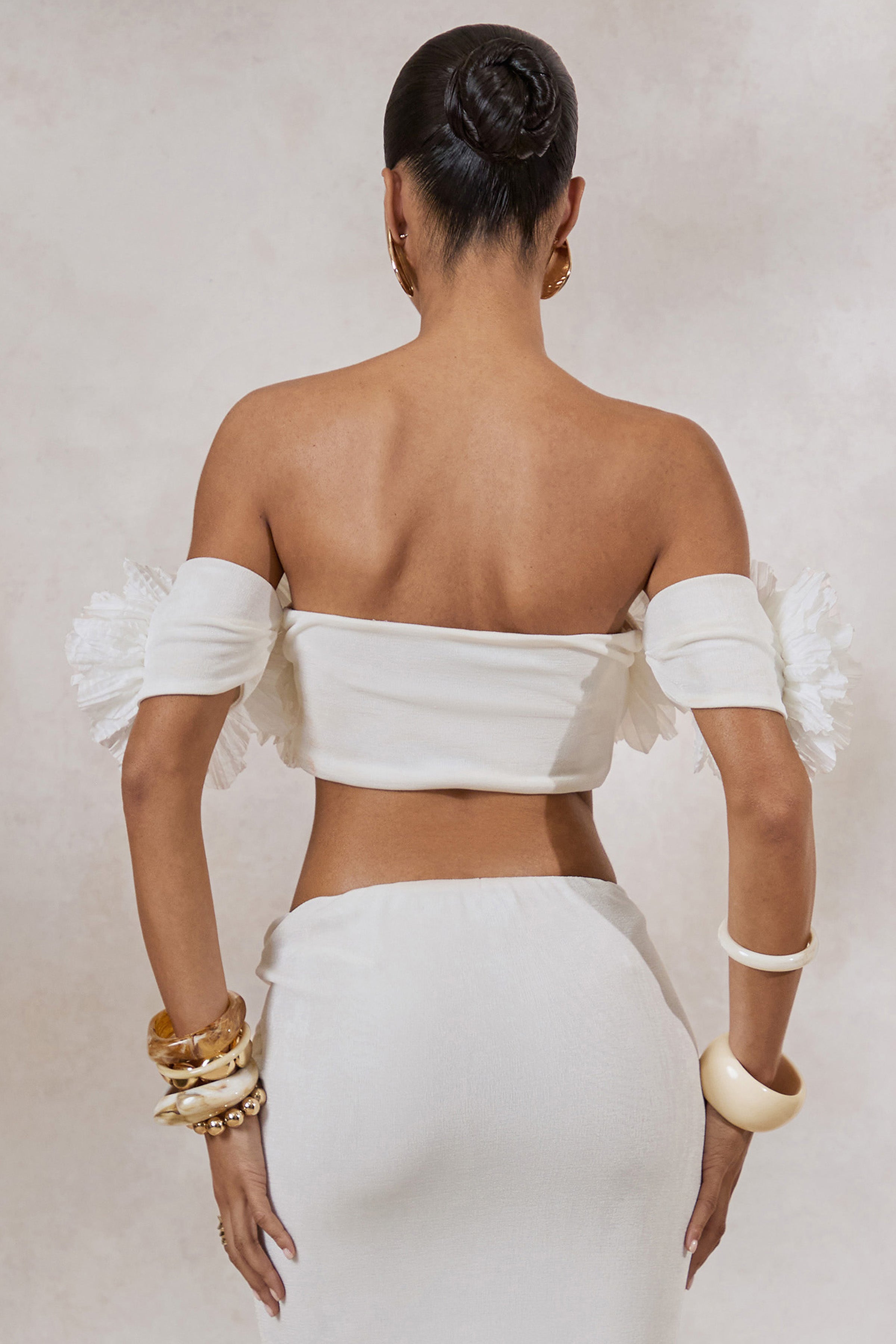 Arwenne | White Bardot-Neck Crop-Top With Corsage Detailing