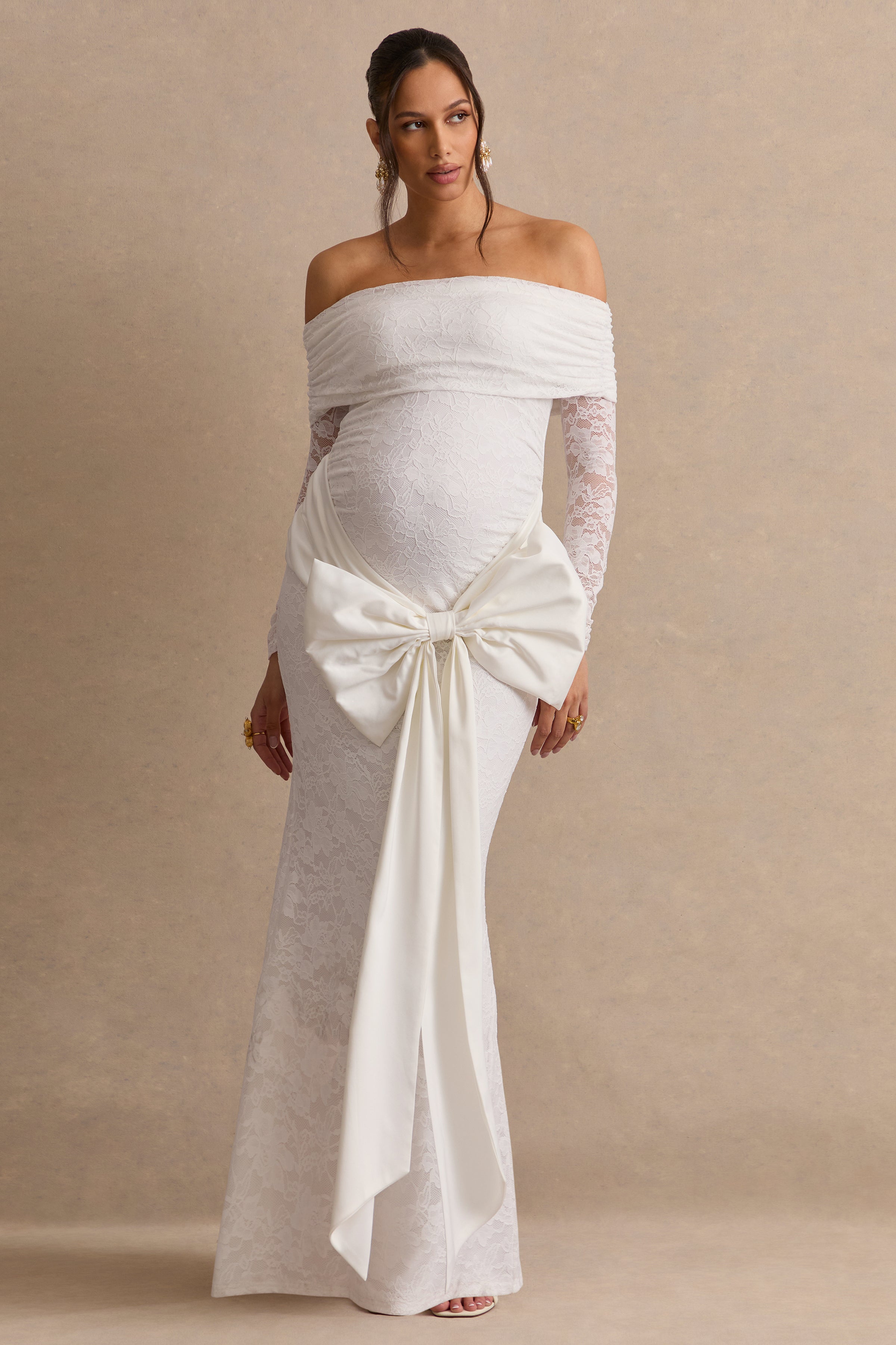 Solina | White Lace Bardot-Neck Maternity Maxi Dress With Bow Detail