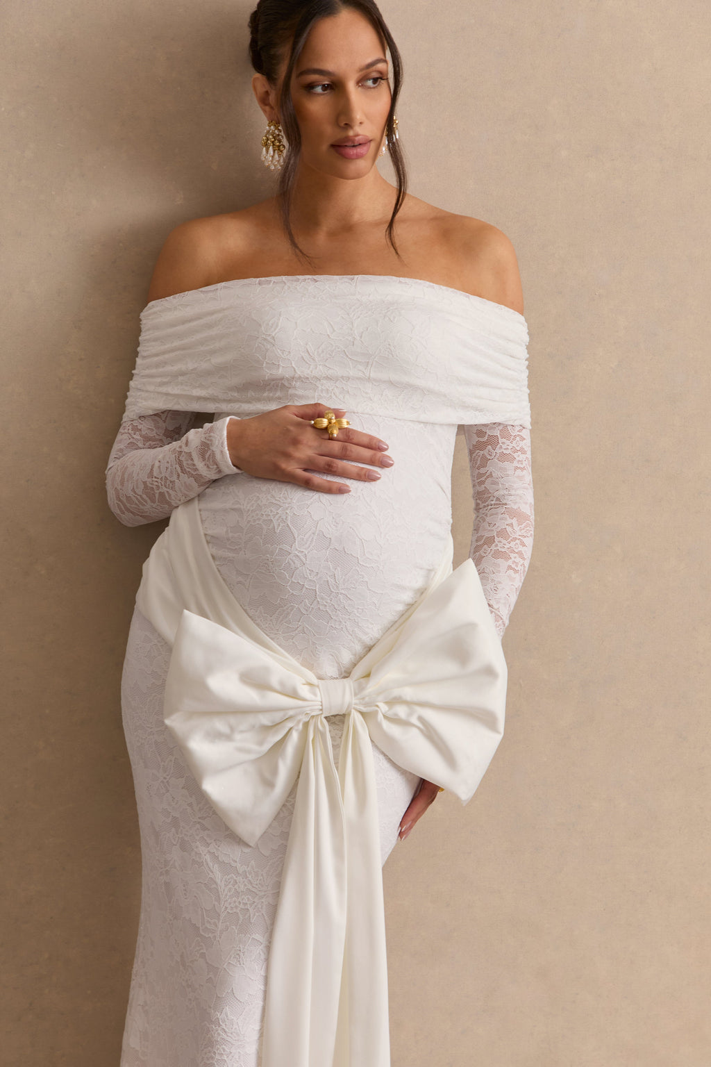 Solina | White Lace Bardot-Neck Maternity Maxi Dress With Bow Detail