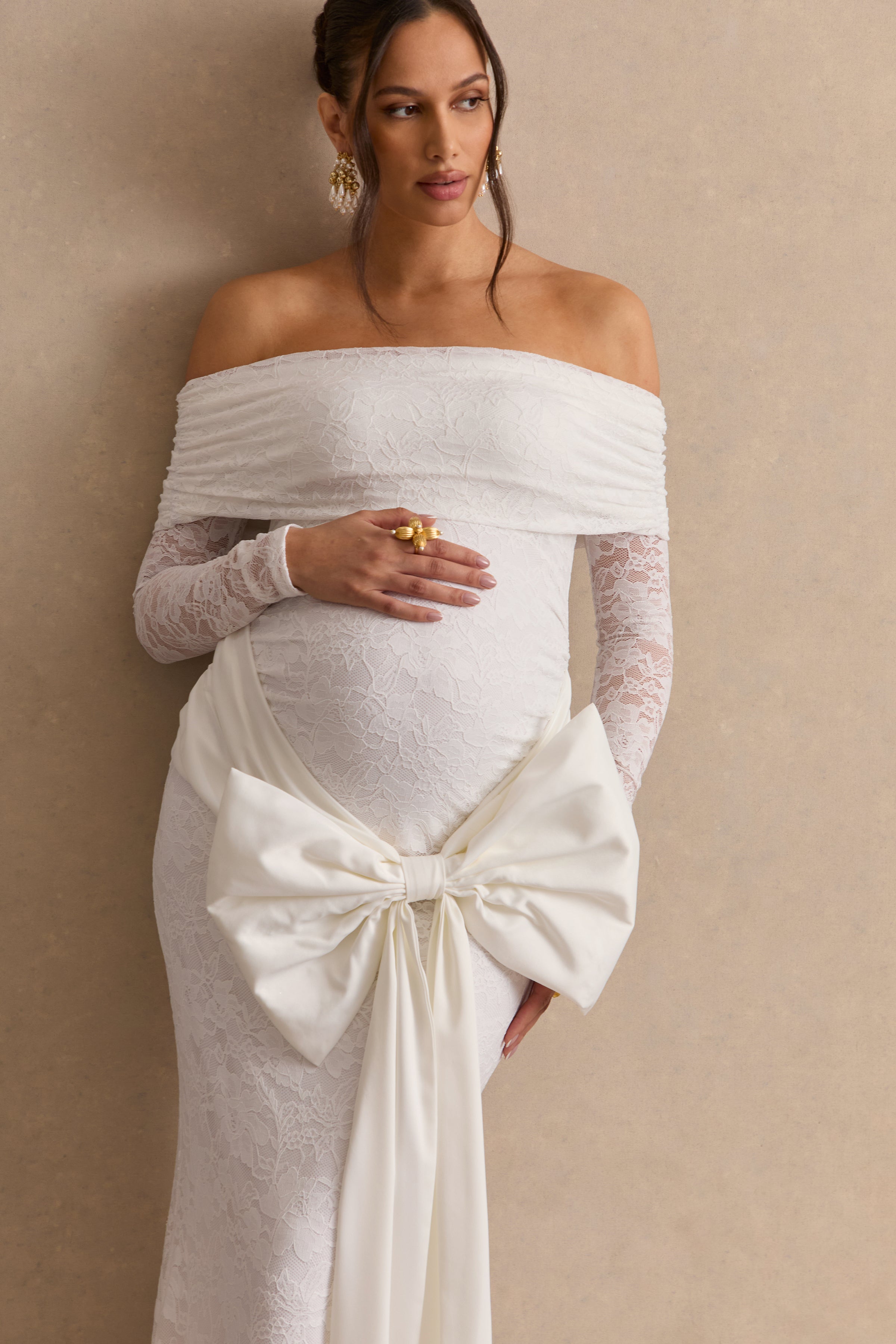 Solina | White Lace Bardot-Neck Maternity Maxi Dress With Bow Detail