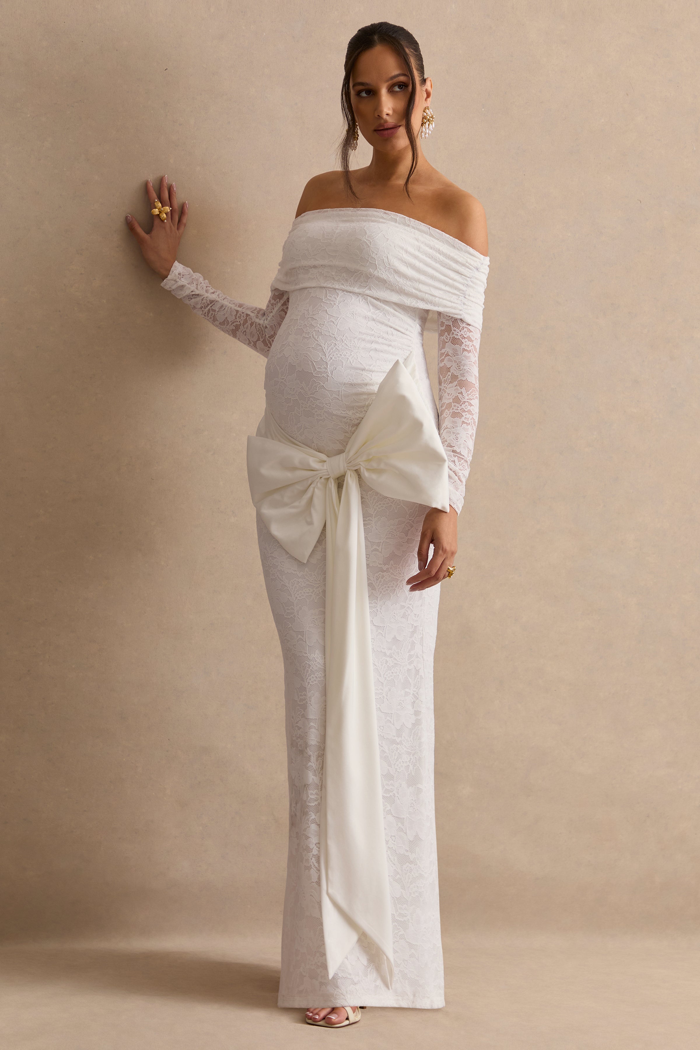 Solina | White Lace Bardot-Neck Maternity Maxi Dress With Bow Detail