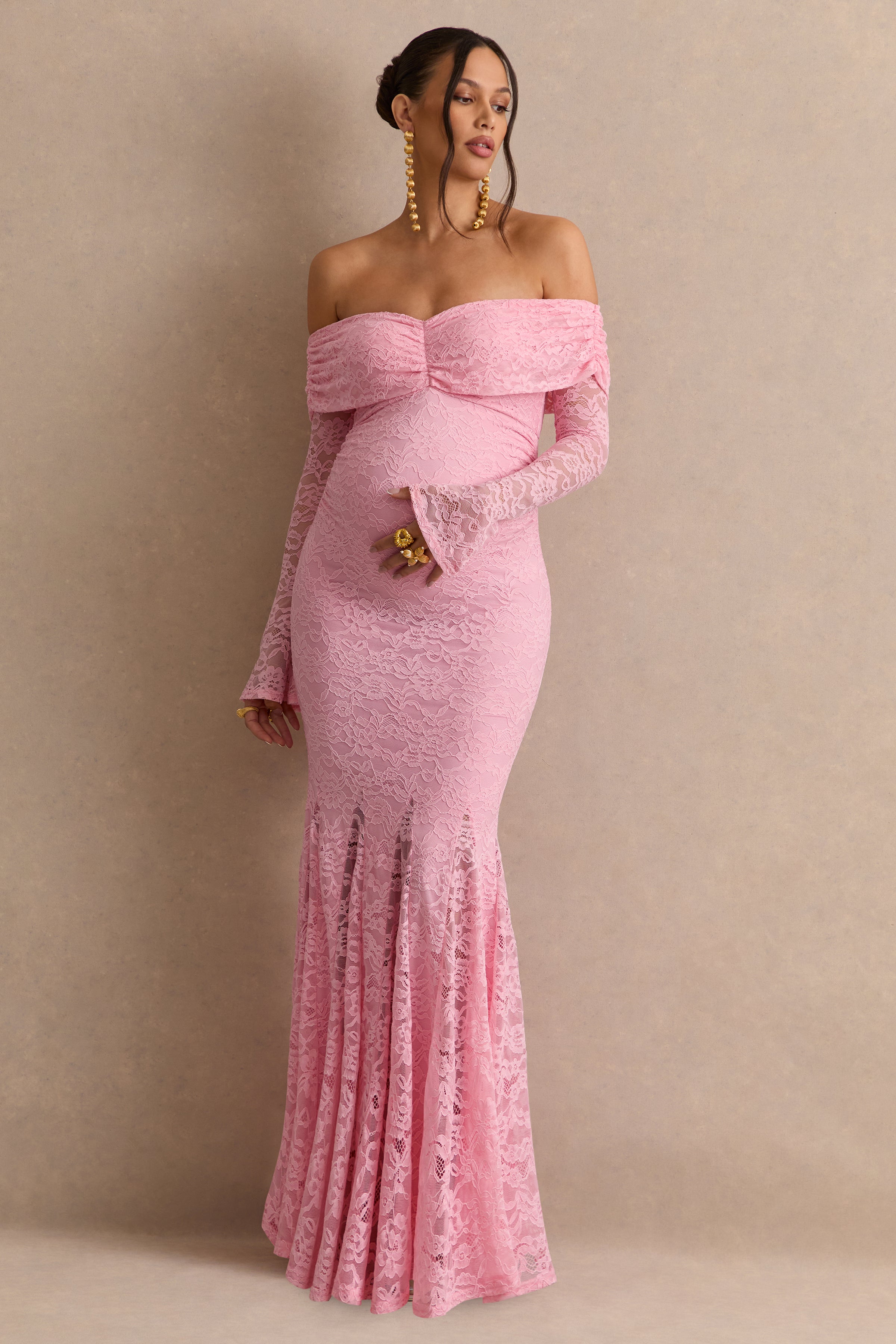 Valleria | Light Pink Lace Bardot-Neck Maternity Maxi Dress