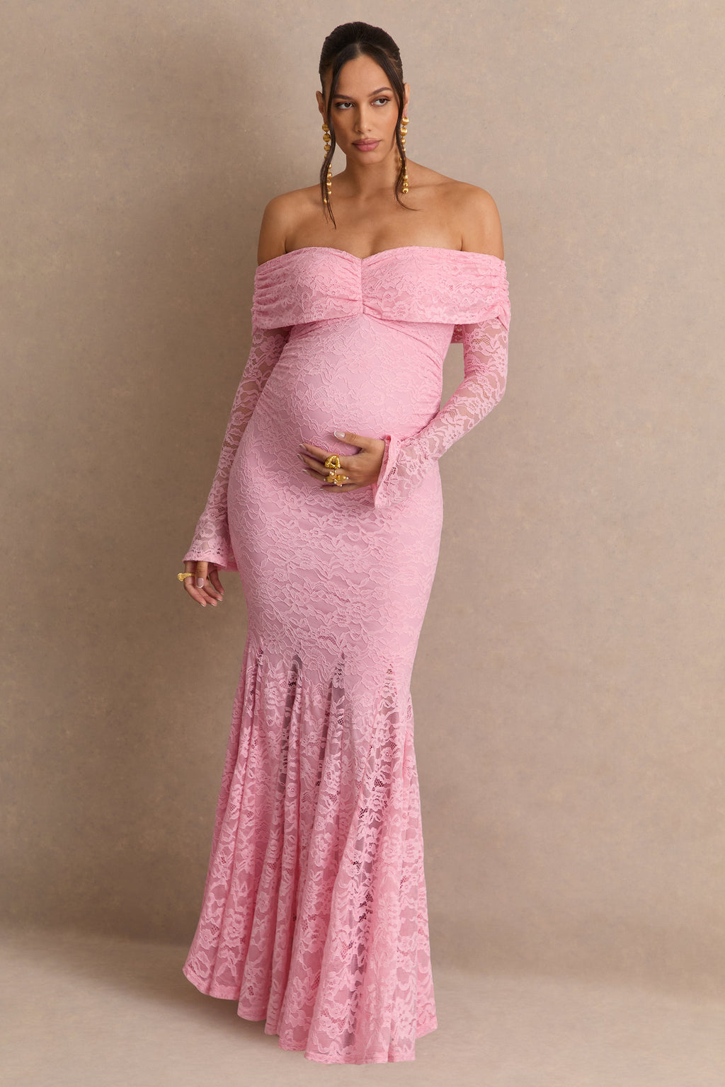 Valleria | Light Pink Lace Bardot-Neck Maternity Maxi Dress