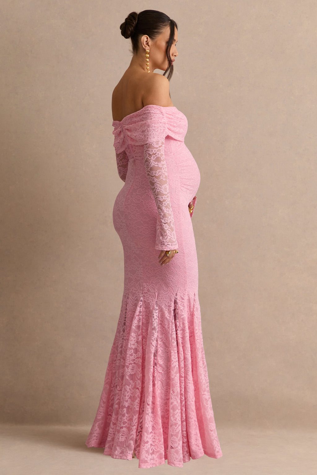 Valleria | Light Pink Lace Bardot-Neck Maternity Maxi Dress