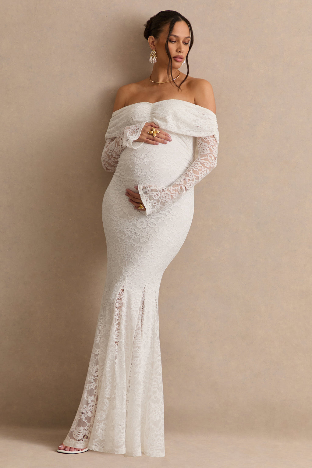 Valleria | White Lace Bardot-Neck Maternity Maxi Dress