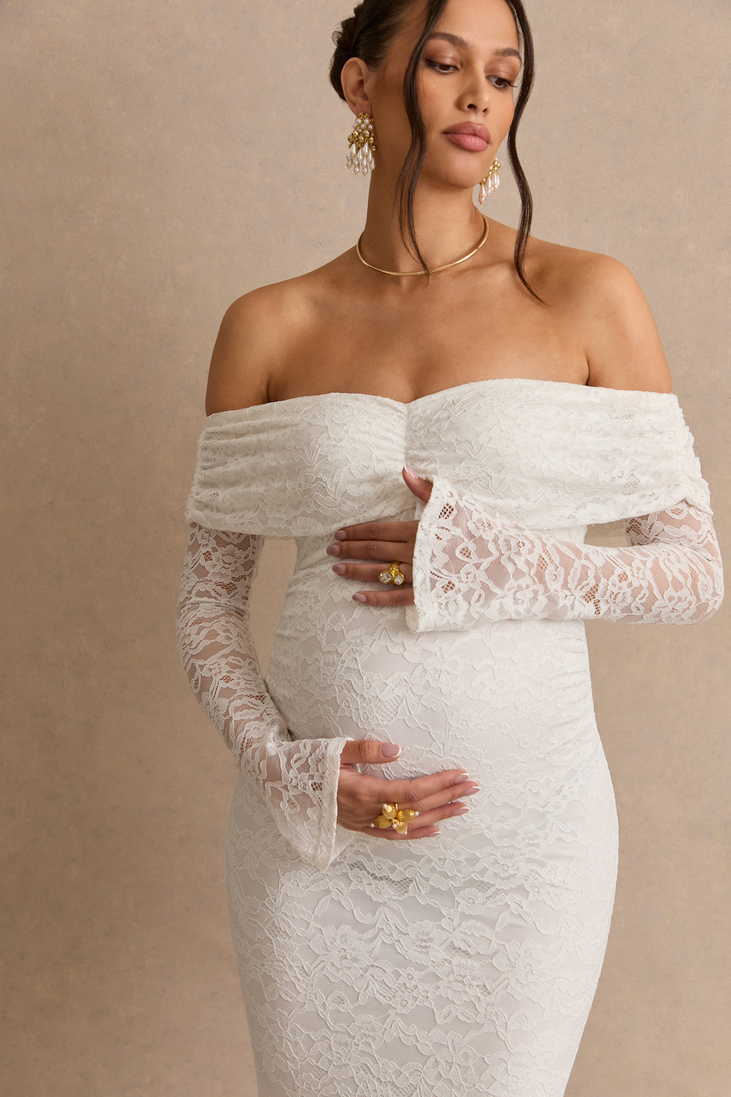 Valleria | White Lace Bardot-Neck Maternity Maxi Dress