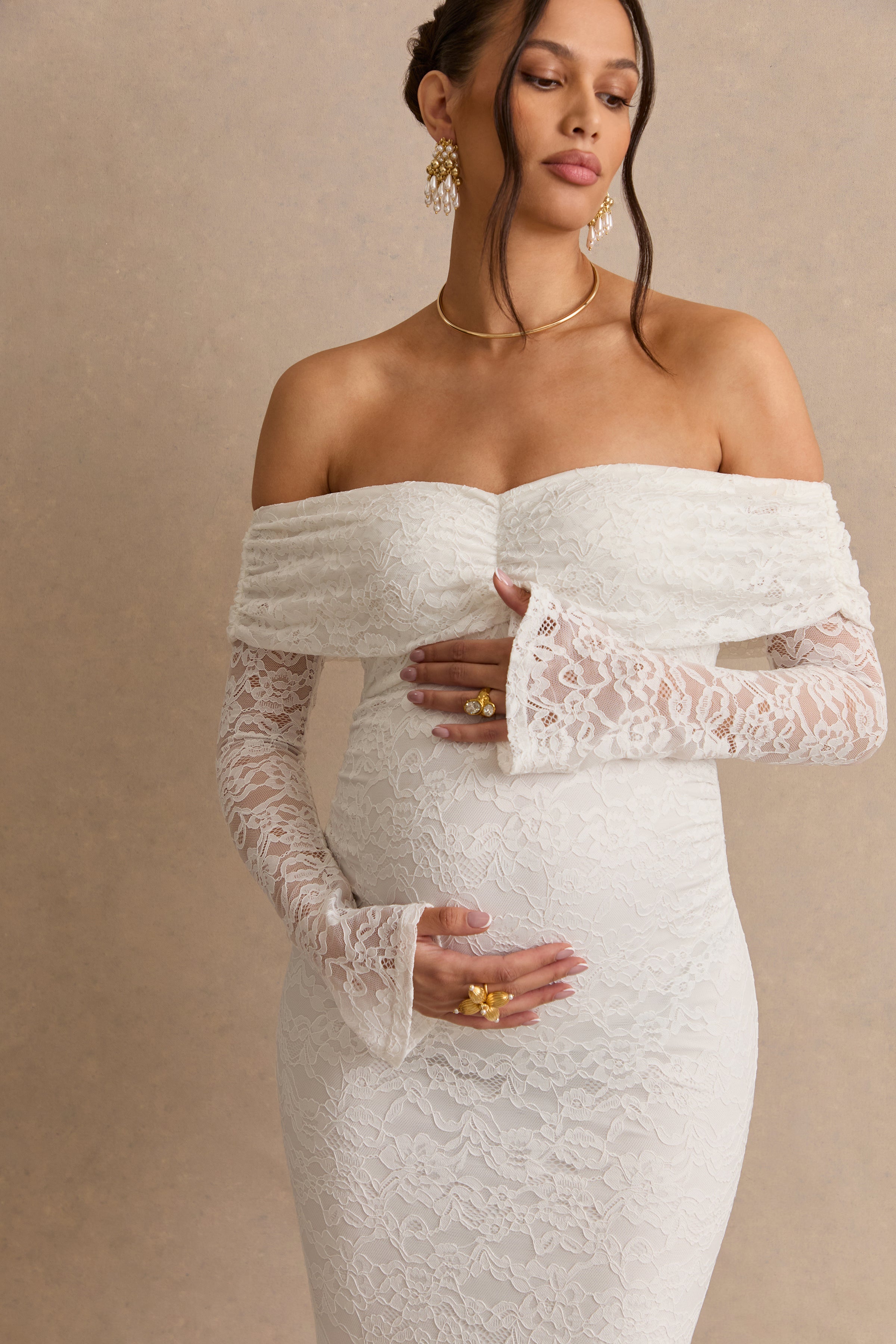 Valleria | White Lace Bardot-Neck Maternity Maxi Dress