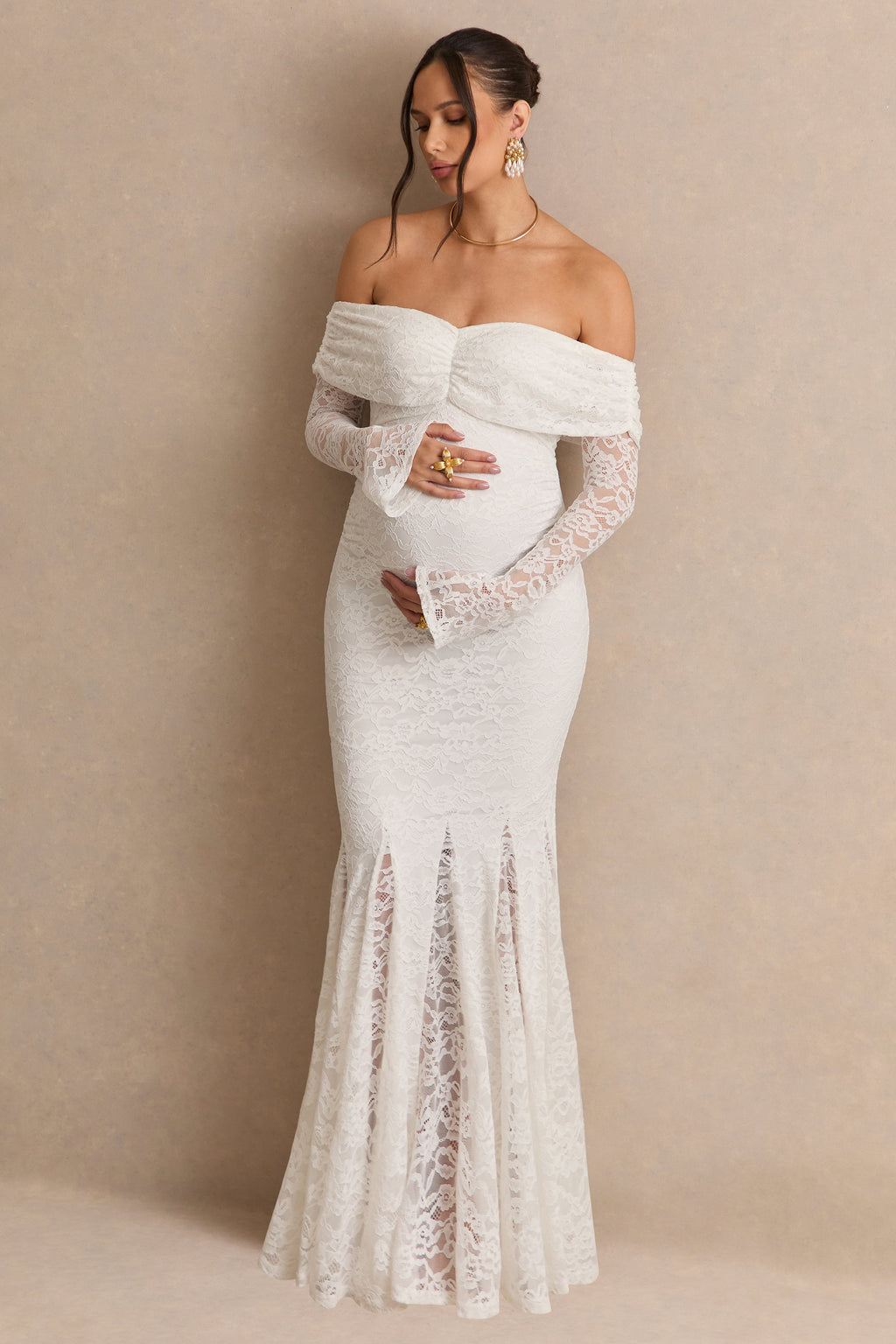 Valleria | White Lace Bardot-Neck Maternity Maxi Dress