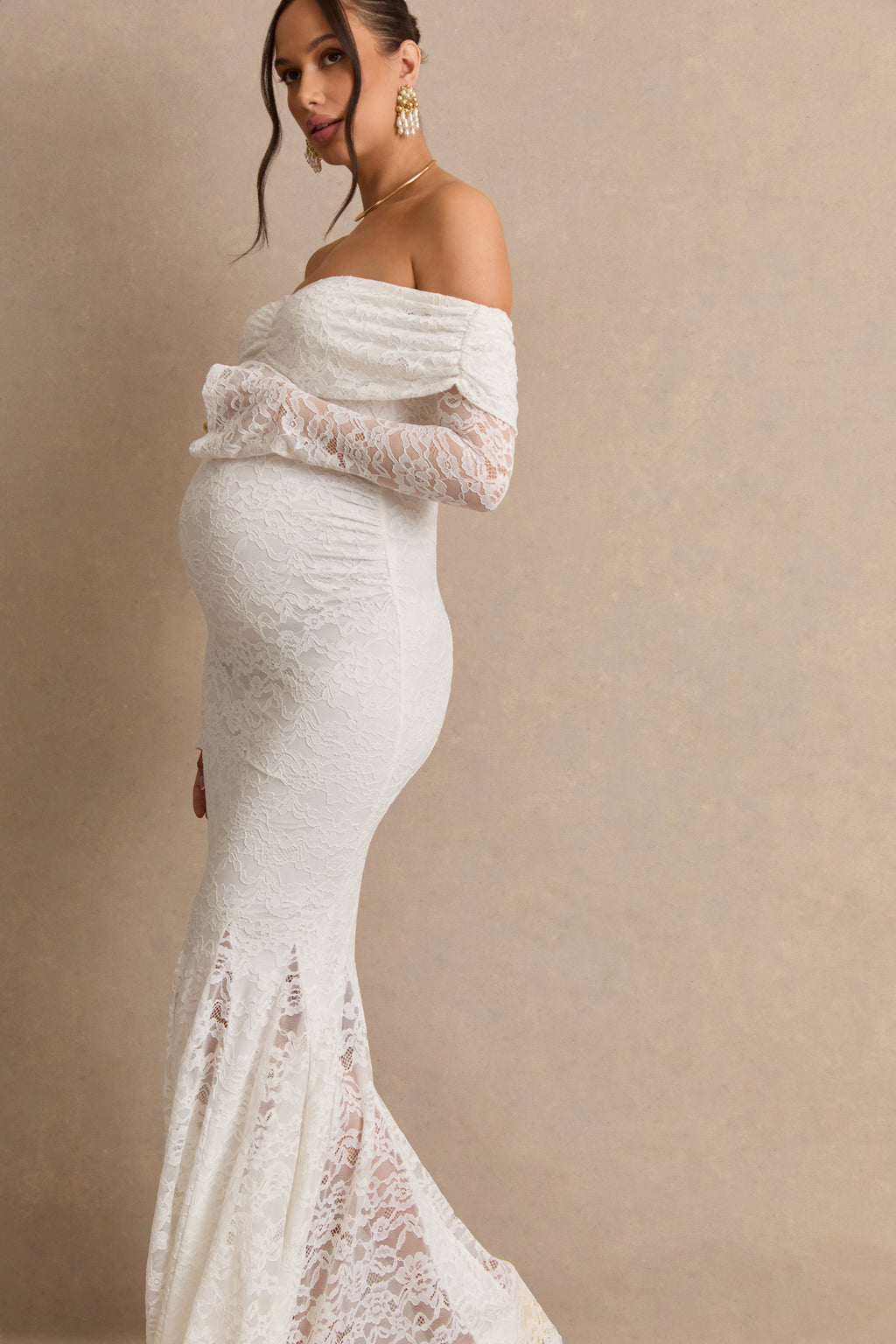 Valleria | White Lace Bardot-Neck Maternity Maxi Dress