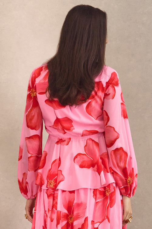 Asella | Pink Chiffon Plunge-Neck Front-Tied Top