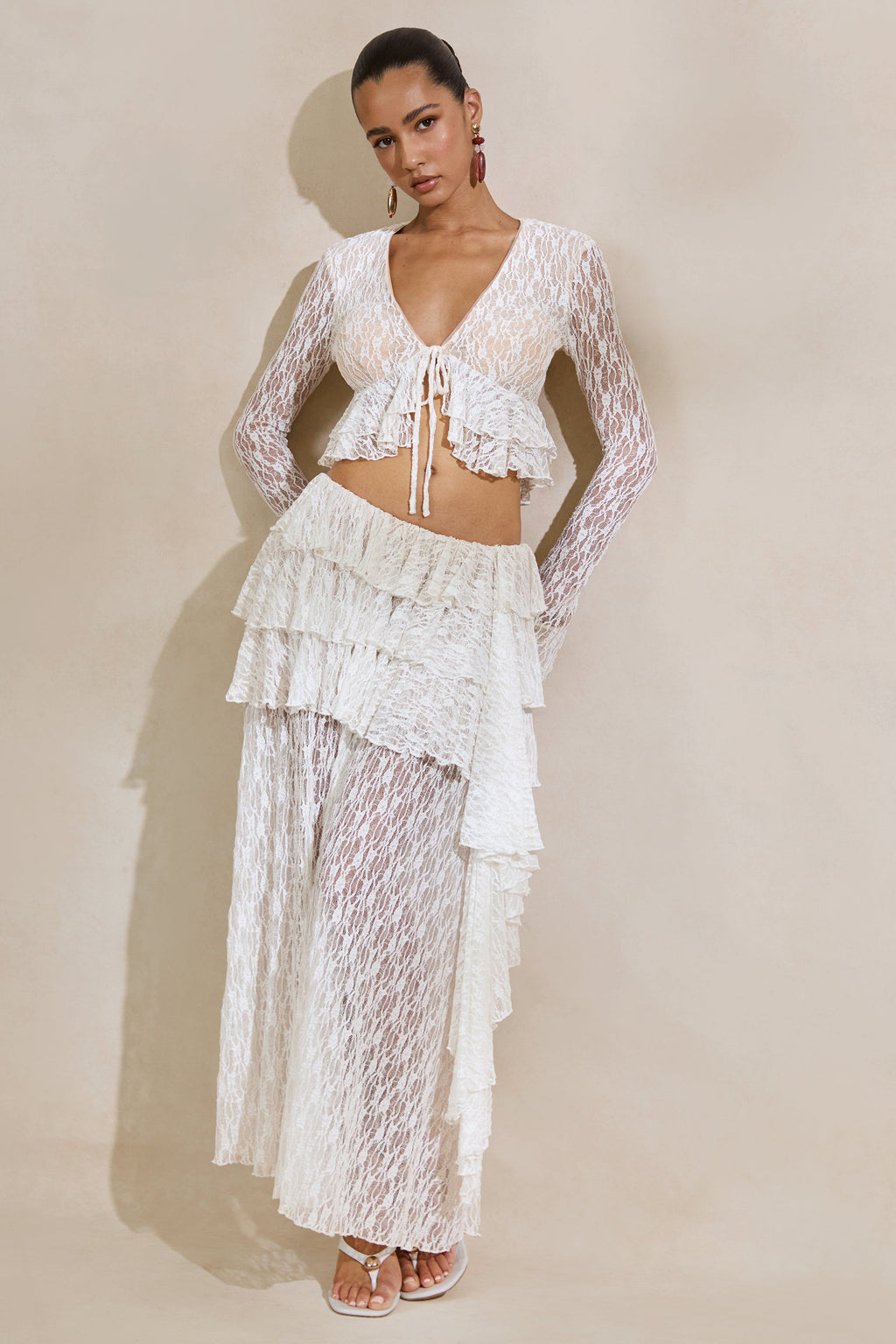 Astella | White Lace Plunge-Neck Top With Ruffled Trim