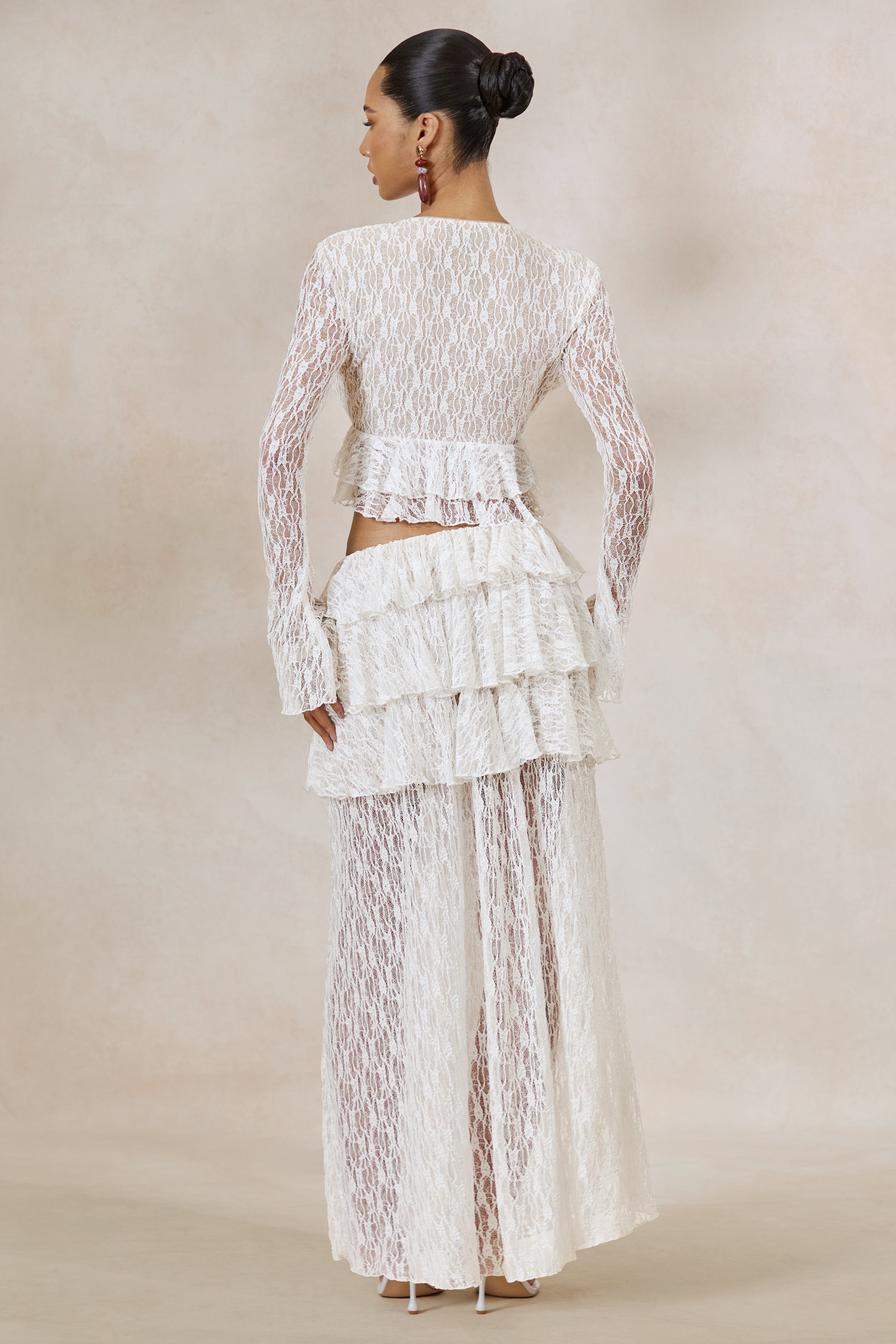 Astella | White Lace Asymmetric-Waist Maxi Skirt With Ruffled Detailing
