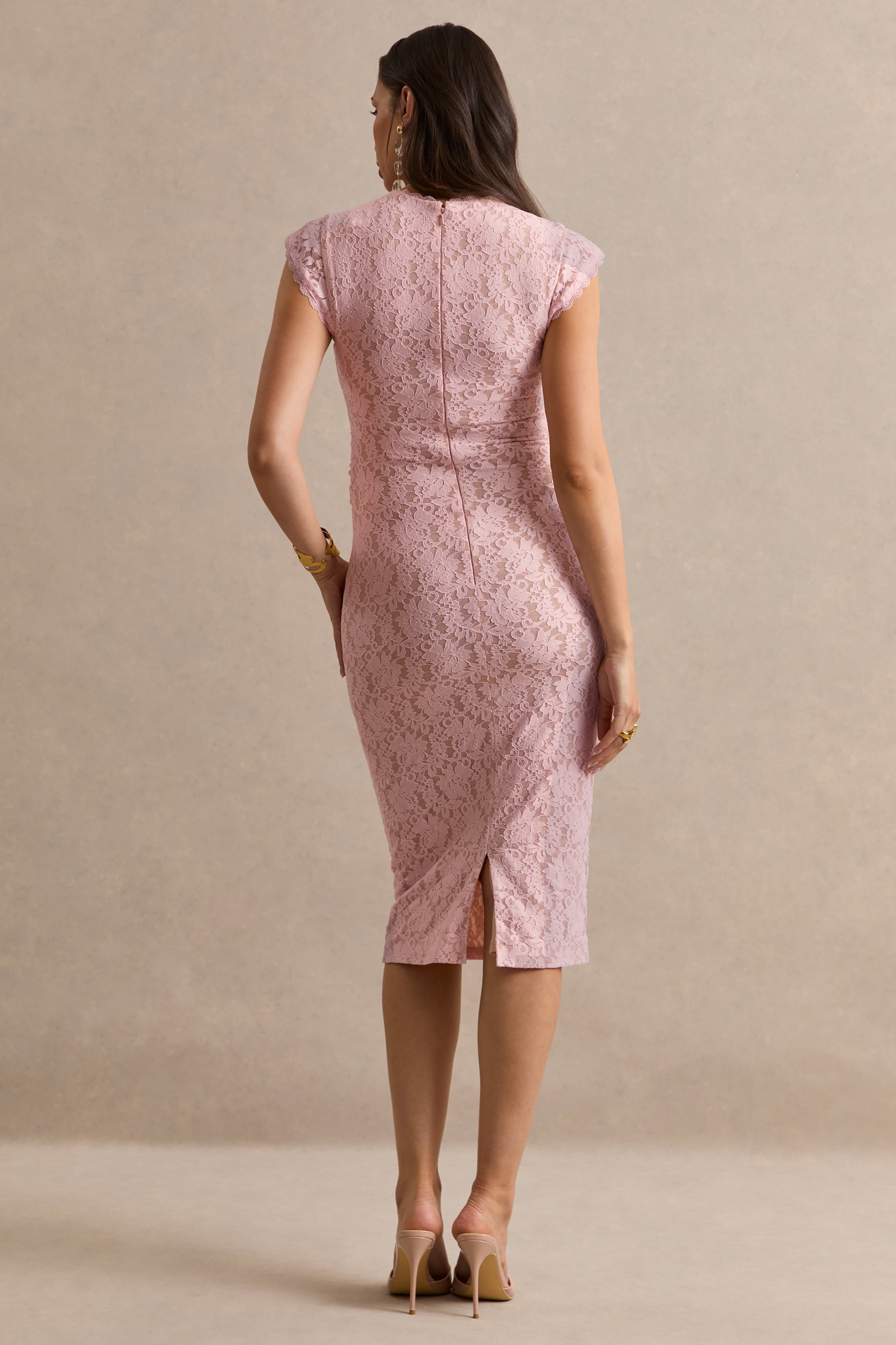Vianne | Pink Lace Round-Neck Maternity Midi Dress