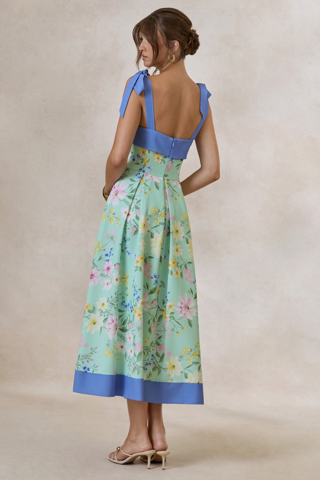 Marlisa | Mint Floral Print Square-Neck Midi Dress With Bow Straps