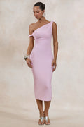Sarafina | Light Pink Twisted Asymmetric-Neck Midi Dress