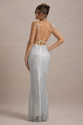 Quartz | Silver Hotfix Square-Neck Open-Back Maxi Dress